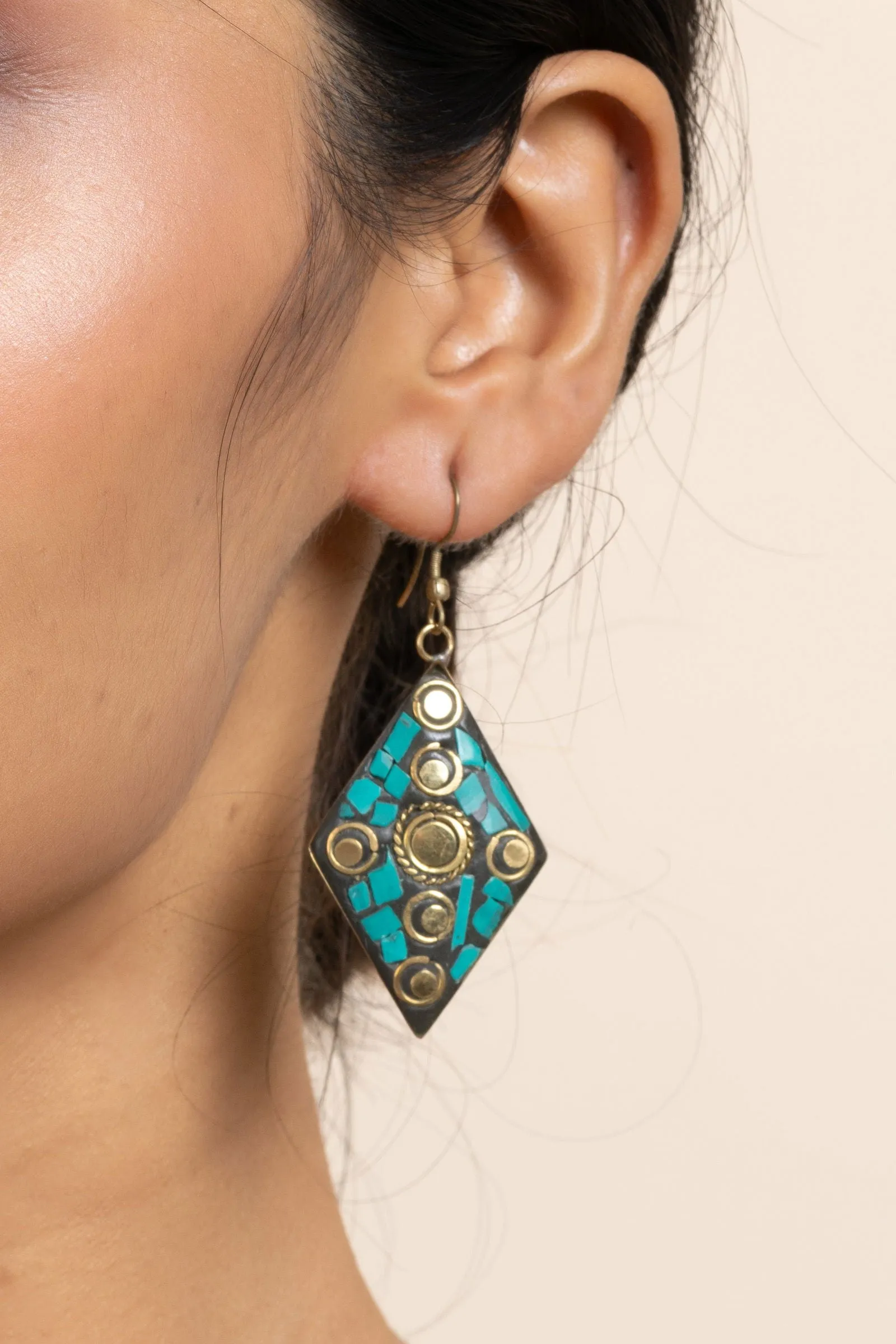 Golden Turquoise Black Tibetan Earrings with Intricate Design - Luxe Statement Jewelry