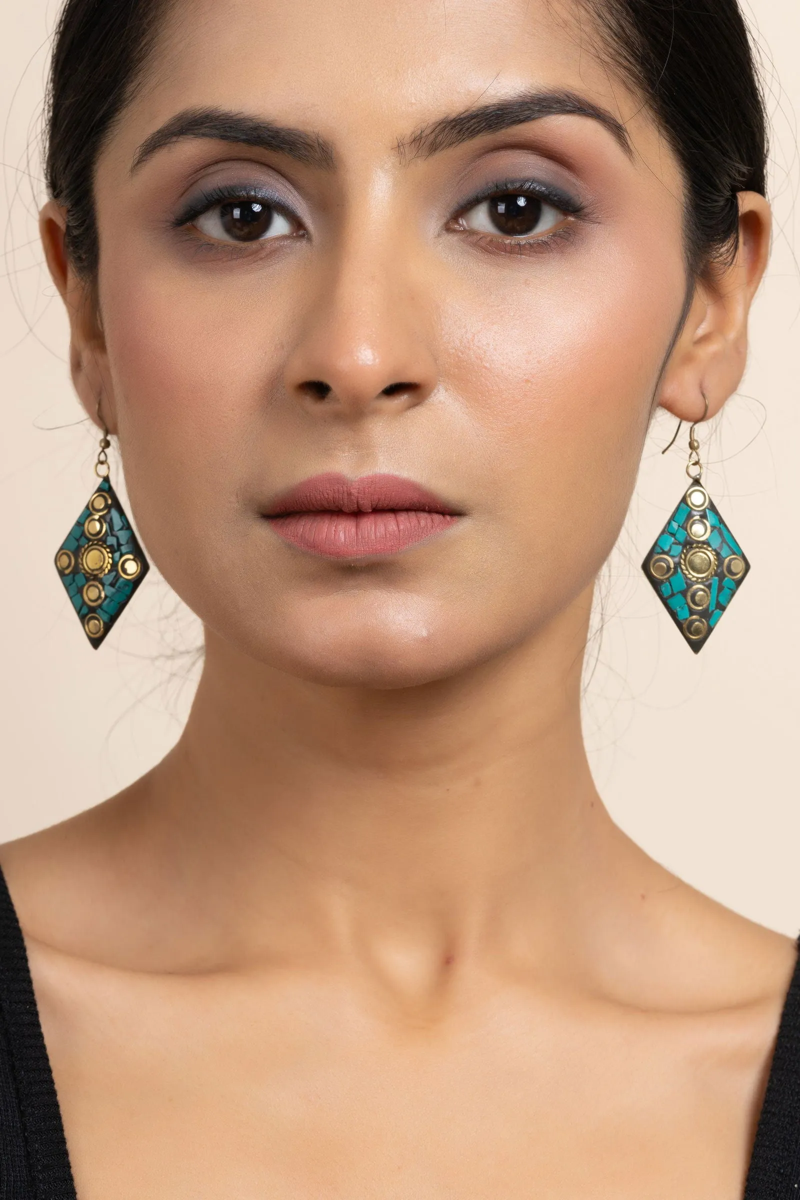 Golden Turquoise Black Tibetan Earrings with Intricate Design - Luxe Statement Jewelry