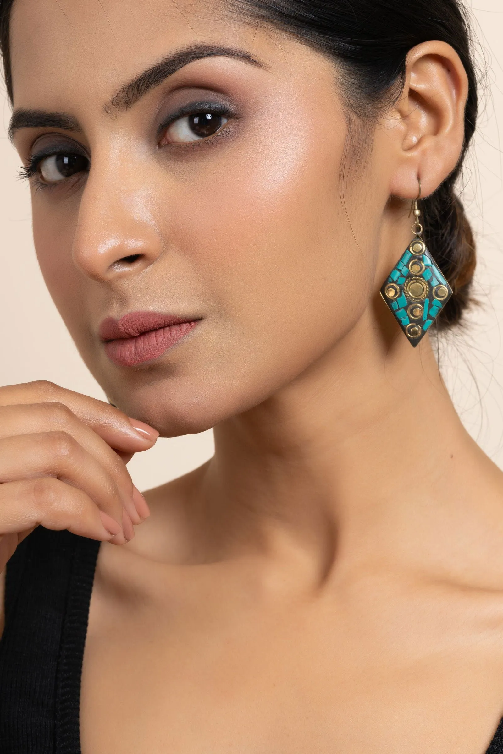 Golden Turquoise Black Tibetan Earrings with Intricate Design - Luxe Statement Jewelry