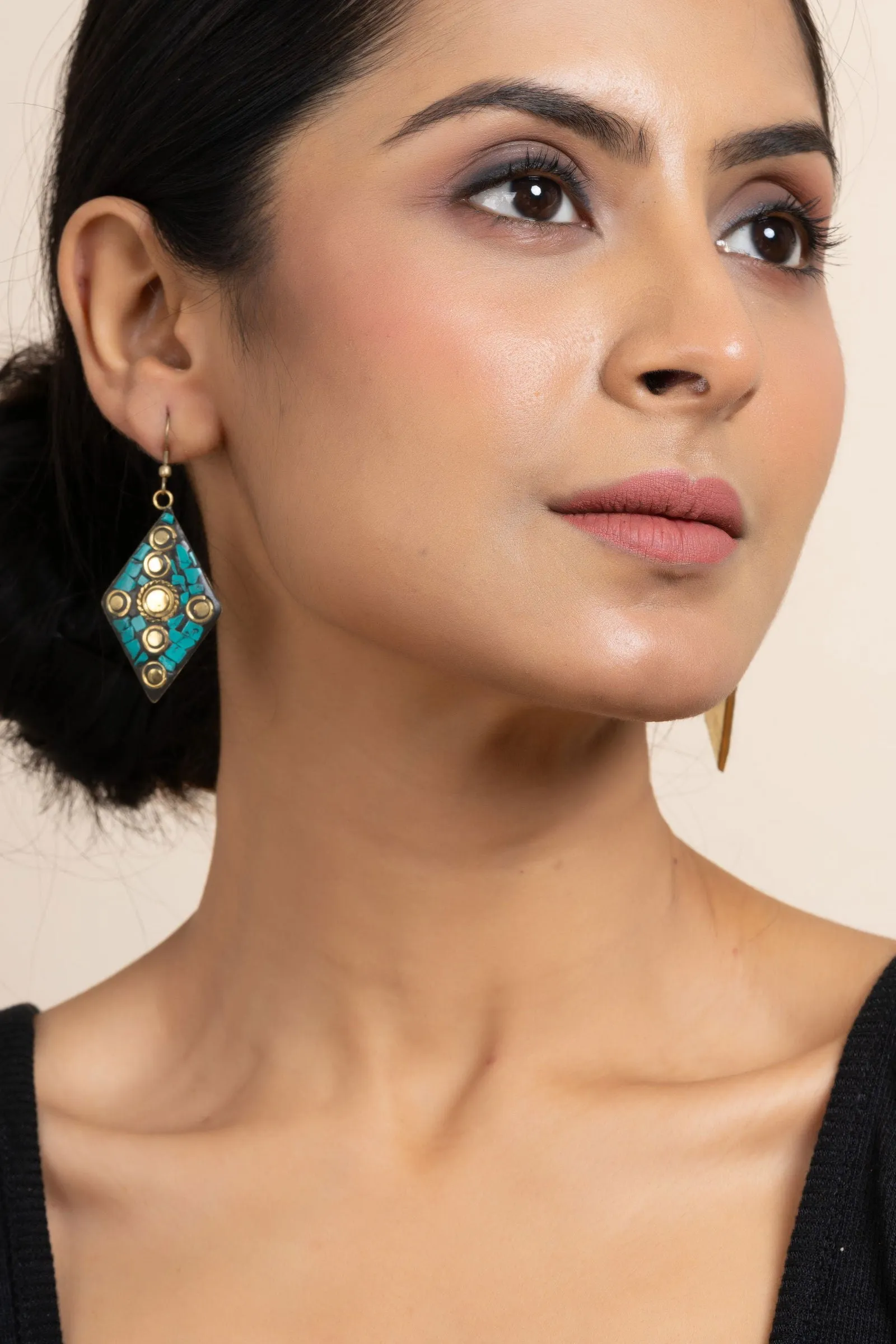 Golden Turquoise Black Tibetan Earrings with Intricate Design - Luxe Statement Jewelry