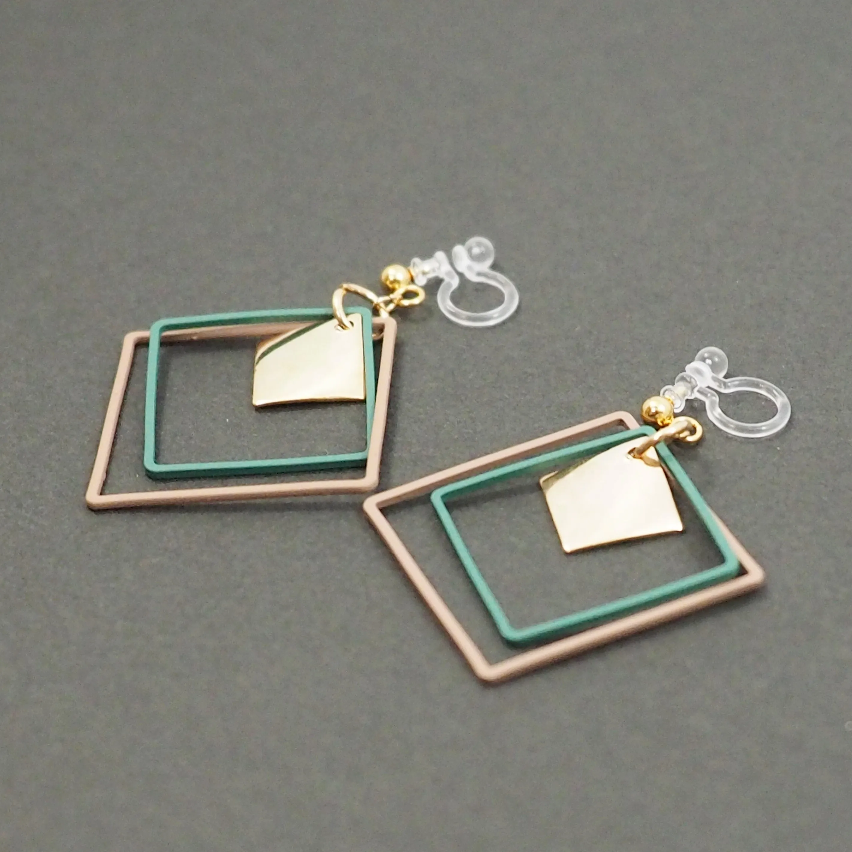 Green and Beige Square Hoop Invisible Clip On Earrings