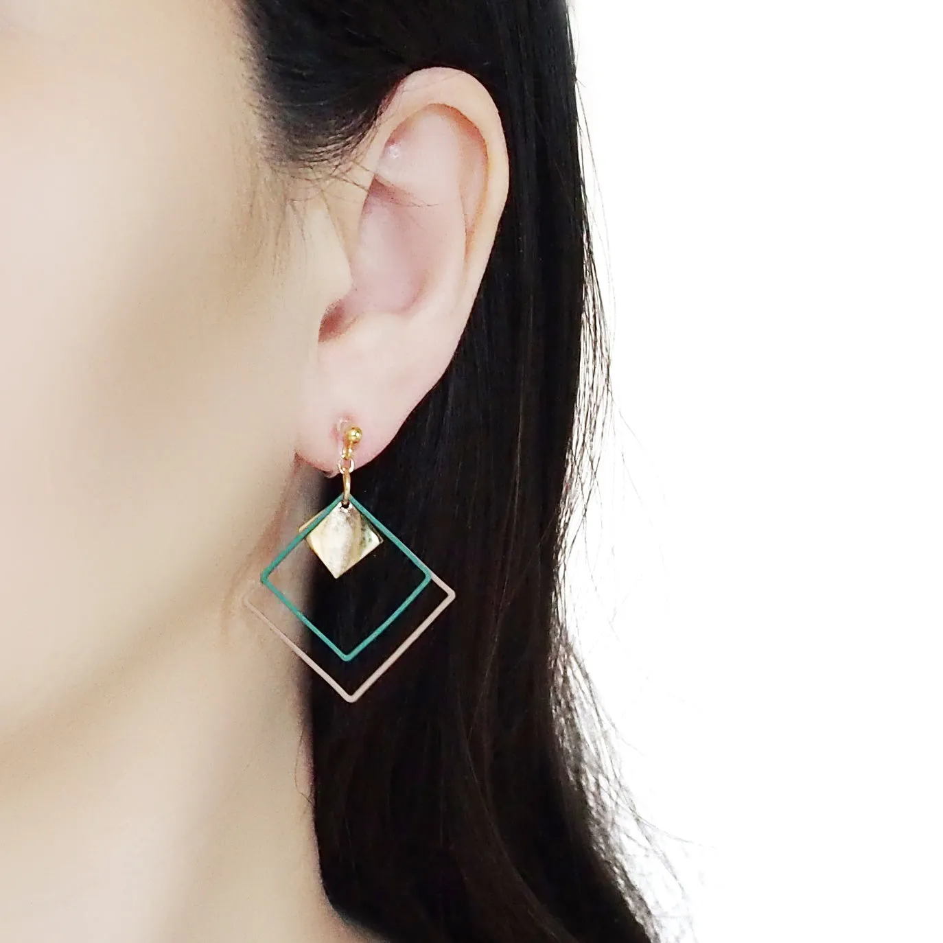 Green and Beige Square Hoop Invisible Clip On Earrings