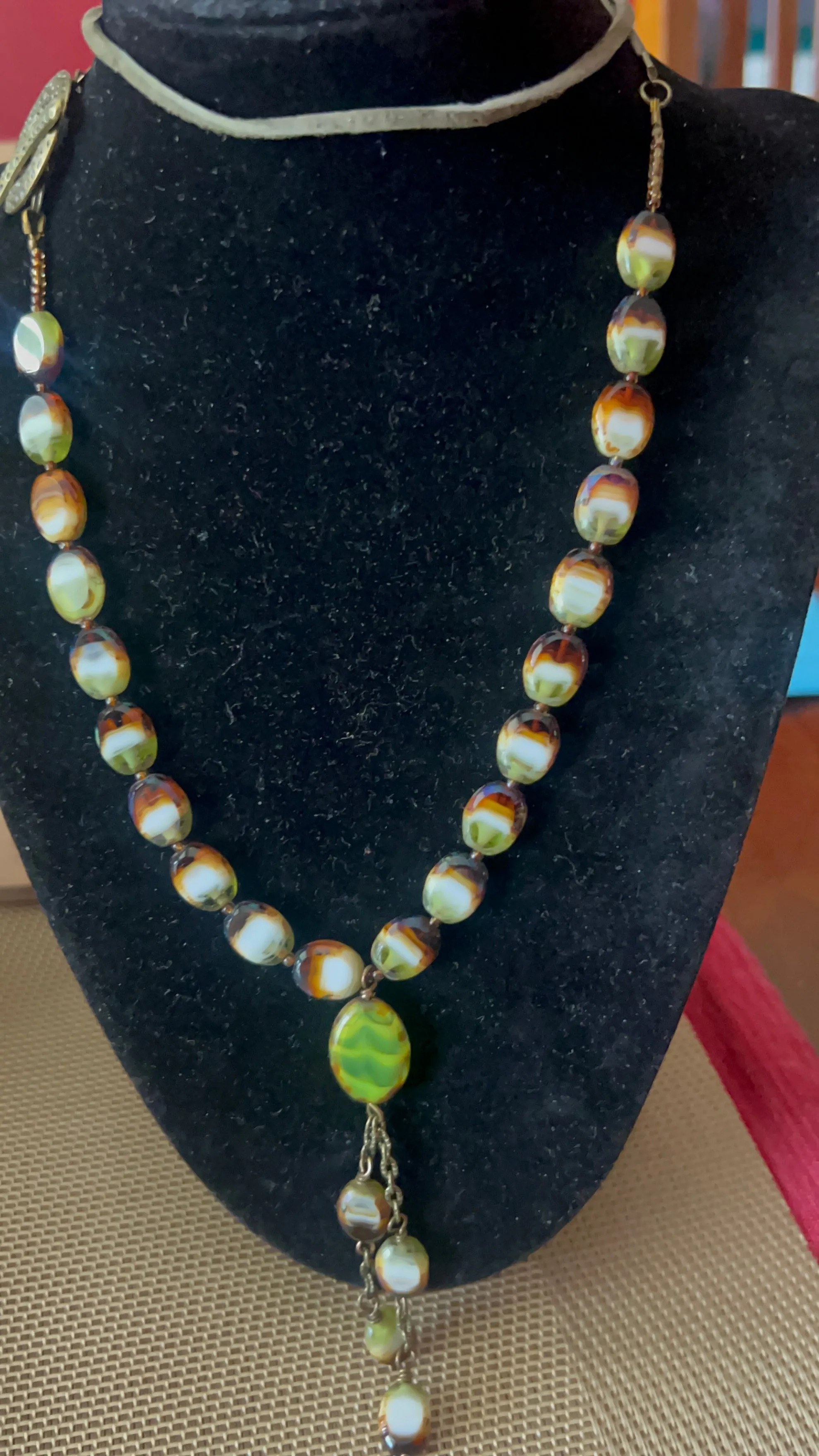 Green, Brown & Cream Czech Glass, Green Suede, Front Brass Toggle Clasp Closure Necklace, and Earring Set.