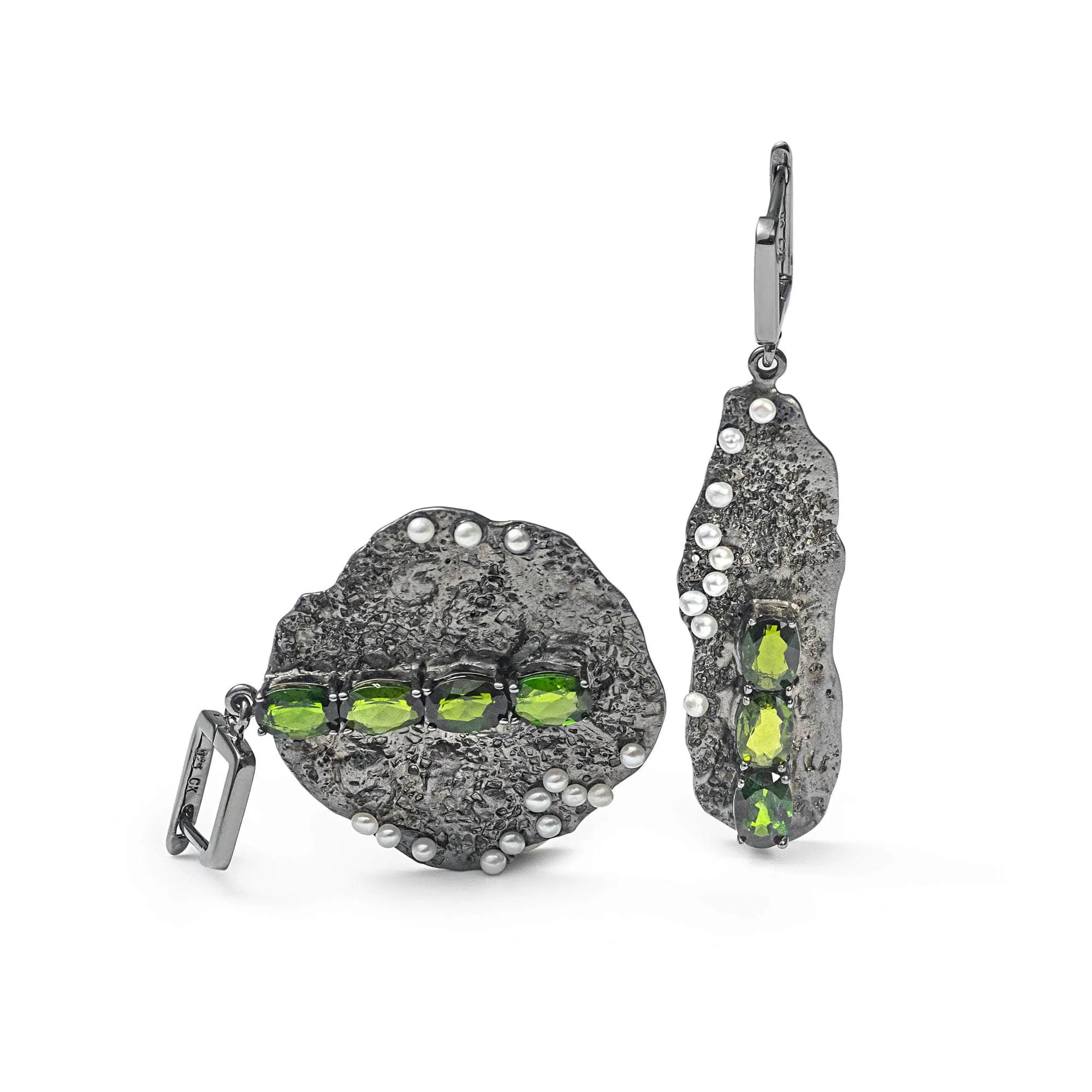 Grieg Chrome Diopside and White Pearl Earrings