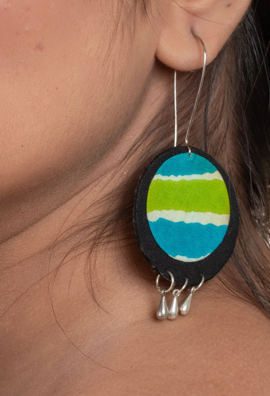 Handmade Lightweight Blue Green Black Fabric Dangler Earrings, Cotton, Non-Allergic