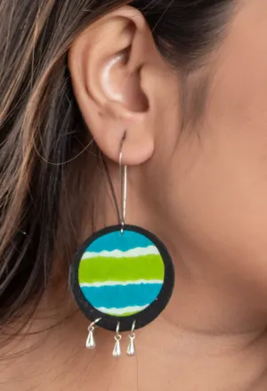 Handmade Lightweight Blue Green Black Fabric Dangler Earrings, Cotton, Non-Allergic