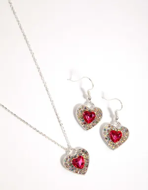 Heart Red Diamante Earring & Necklace Set