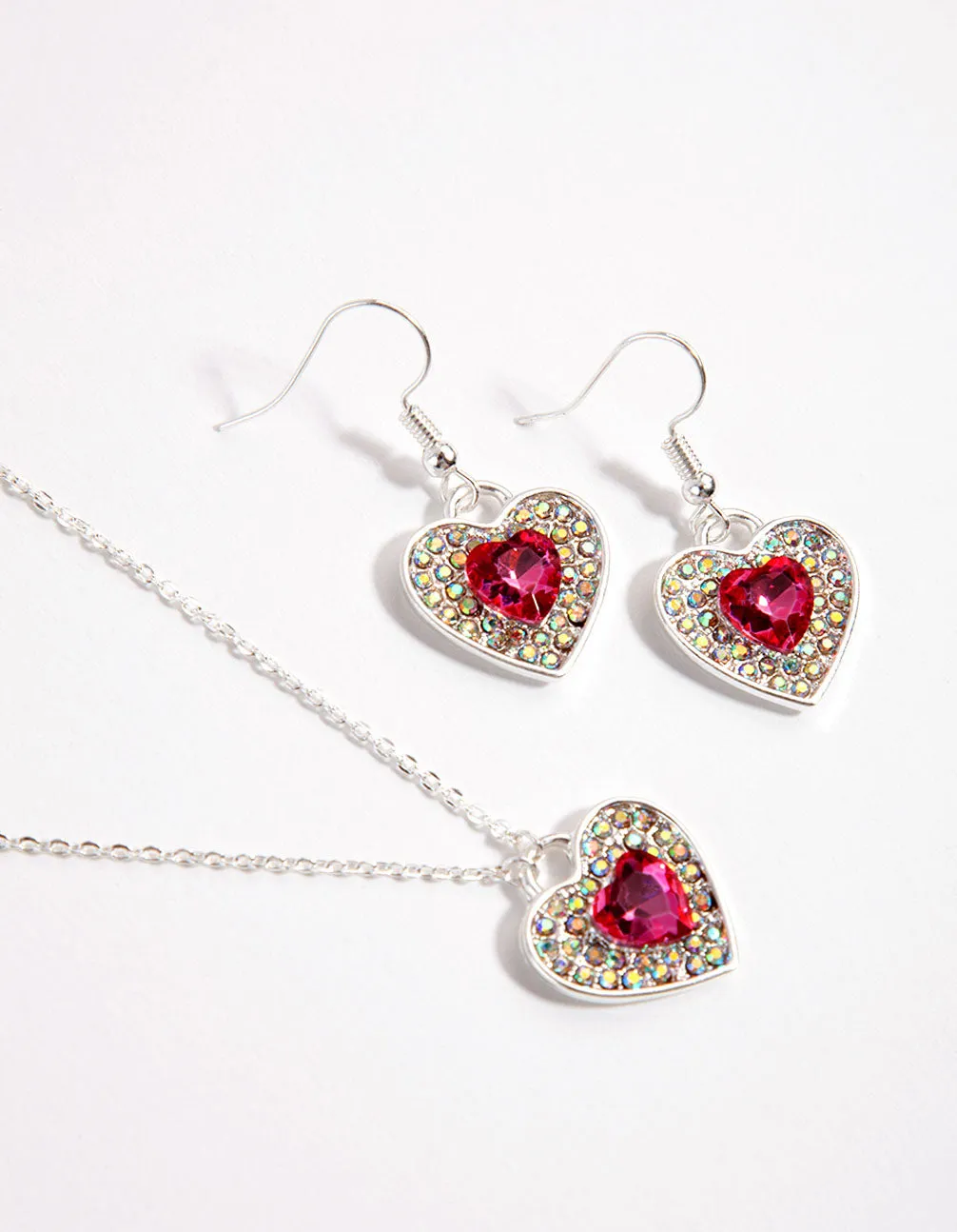 Heart Red Diamante Earring & Necklace Set