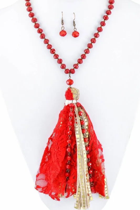 Holly Tassel Statement Necklace and Earring Set - Red