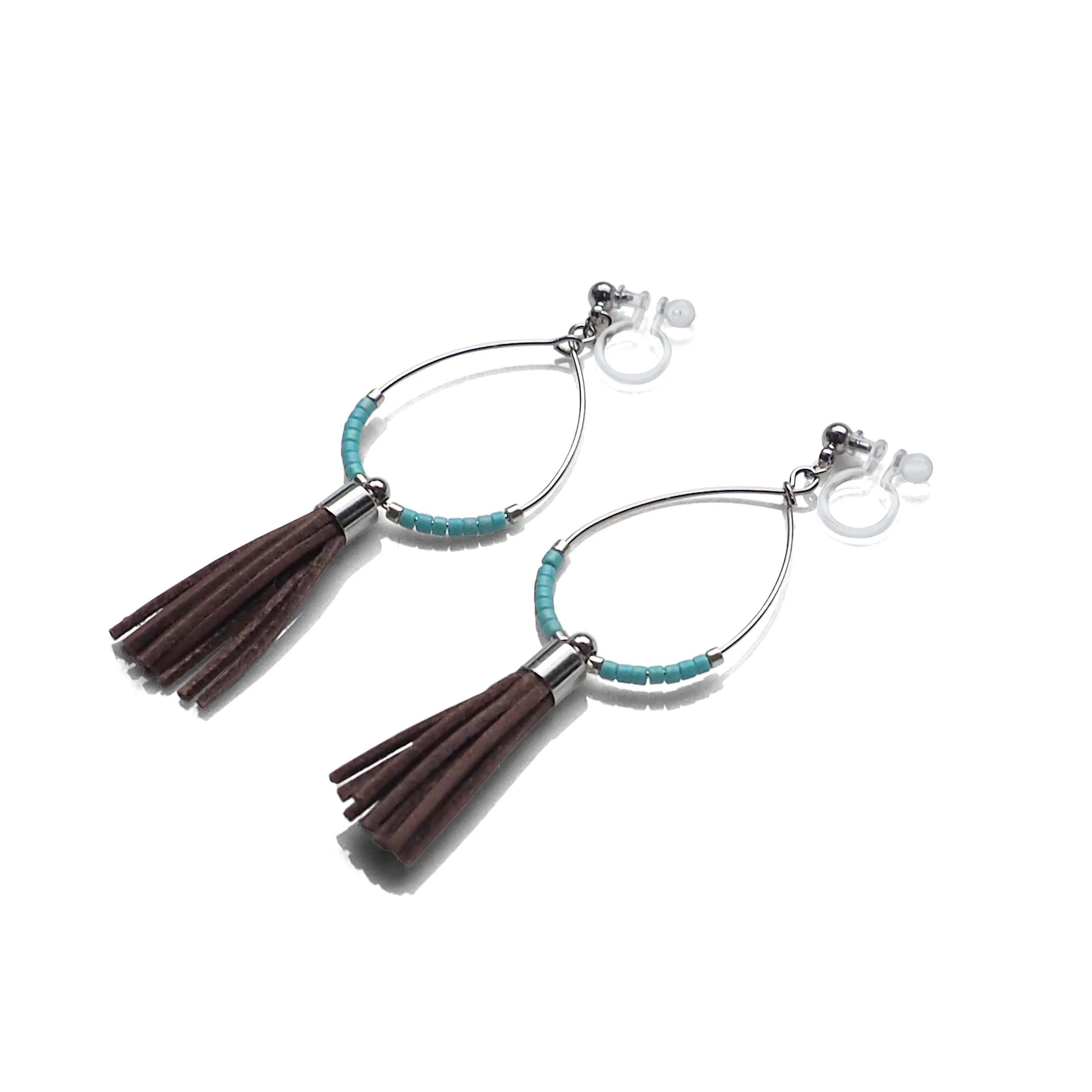 Hoop and brown tassel invisible clip on earrings ( Silver tone )