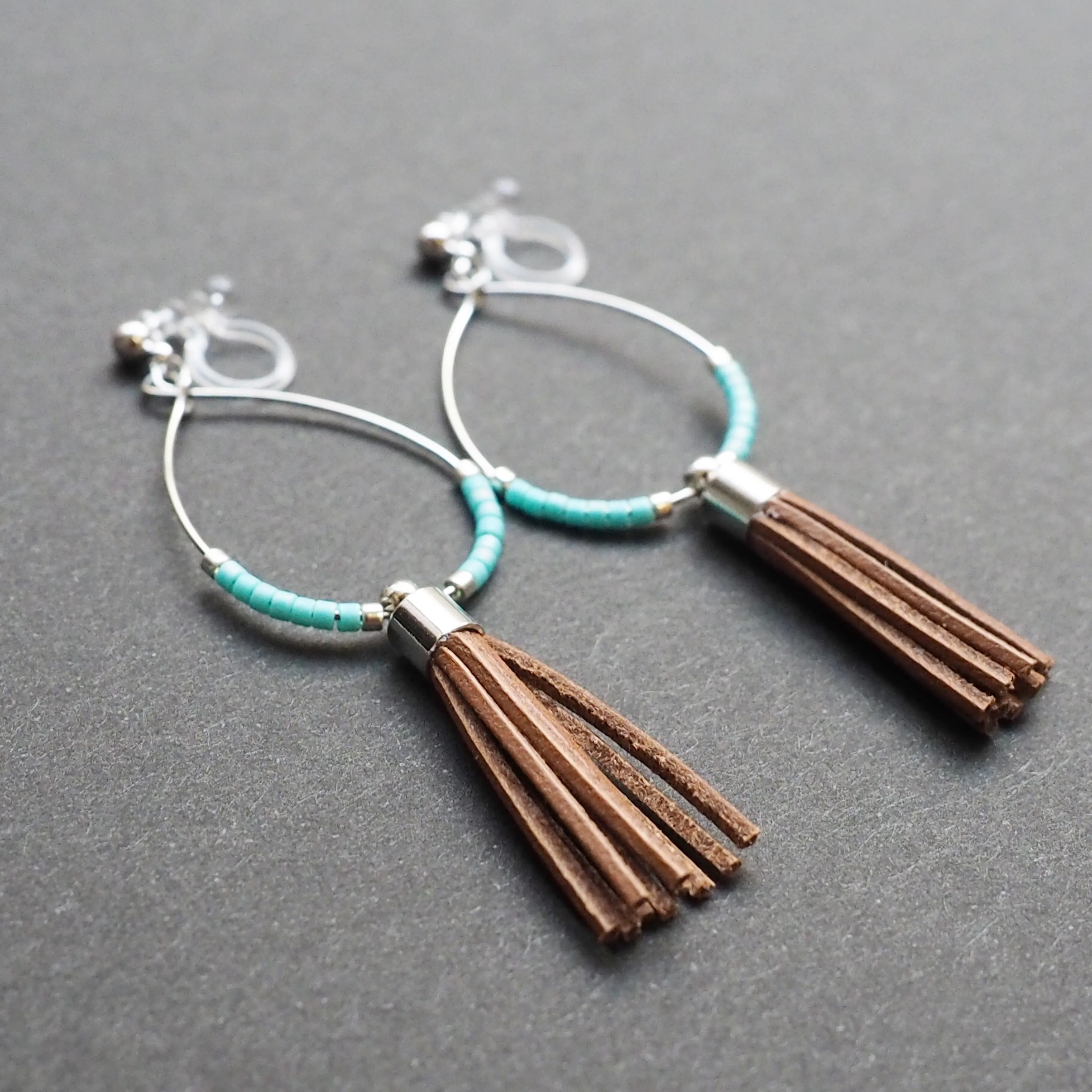 Hoop and brown tassel invisible clip on earrings ( Silver tone )