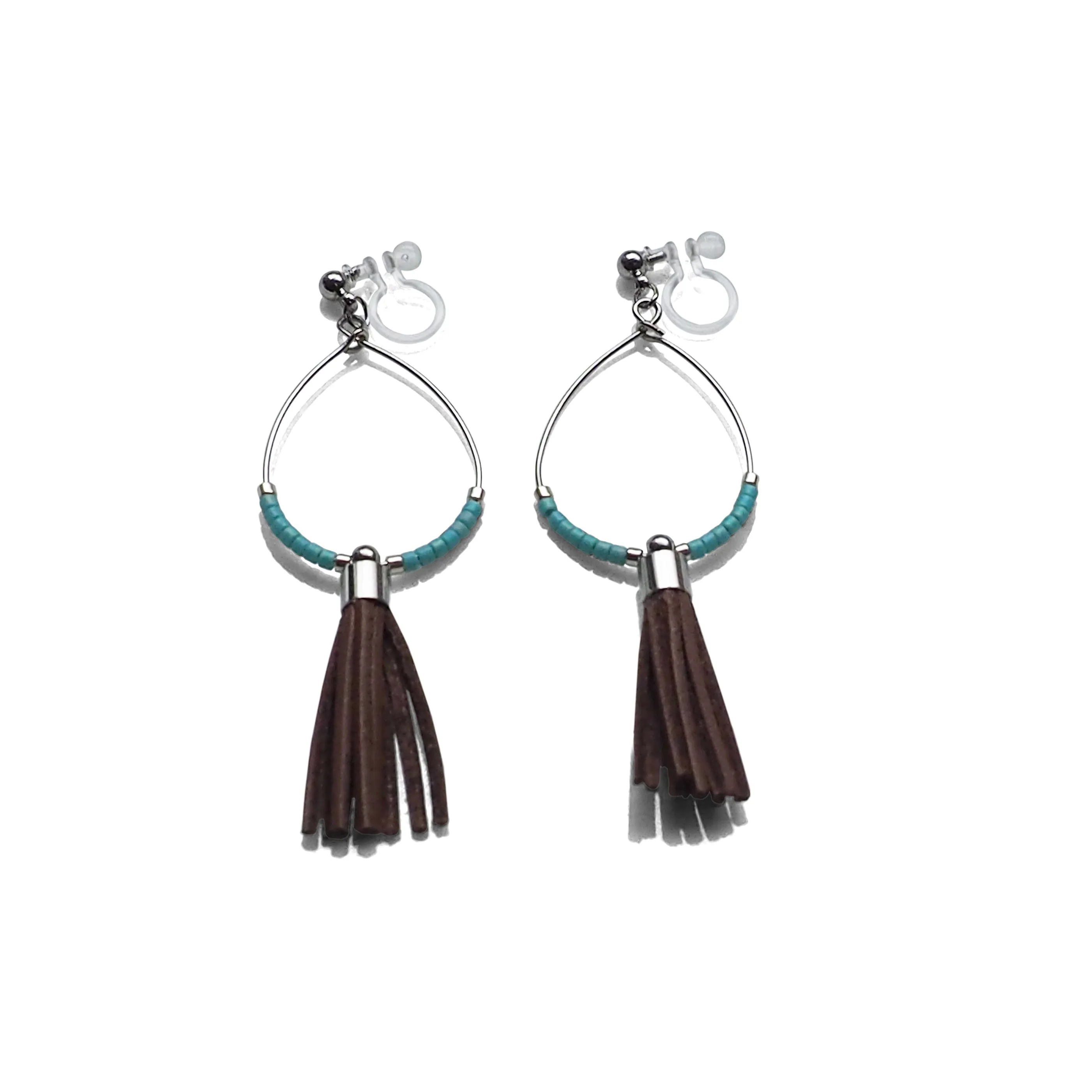 Hoop and brown tassel invisible clip on earrings ( Silver tone )