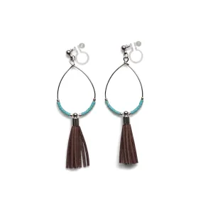 Hoop and brown tassel invisible clip on earrings ( Silver tone )