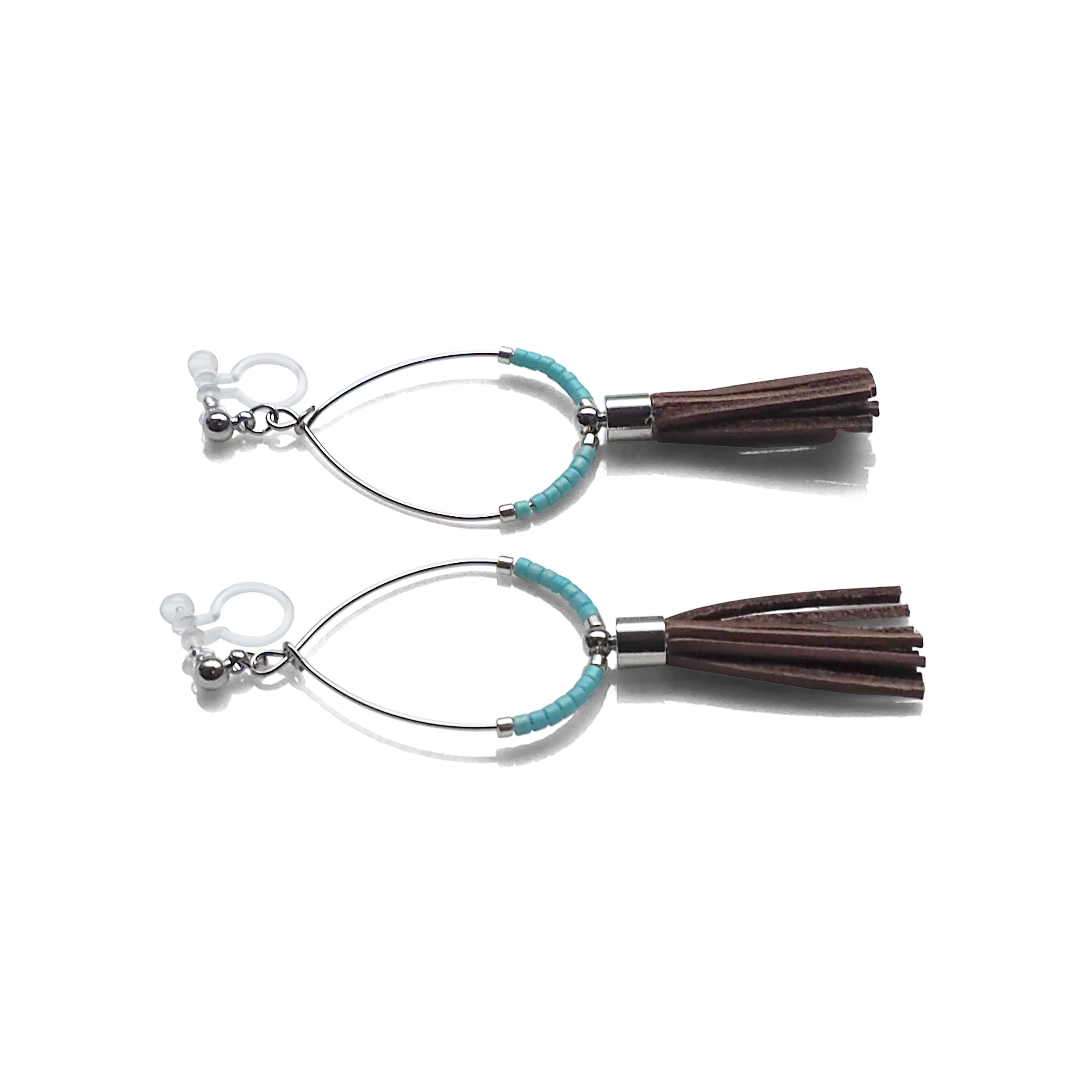 Hoop and brown tassel invisible clip on earrings ( Silver tone )