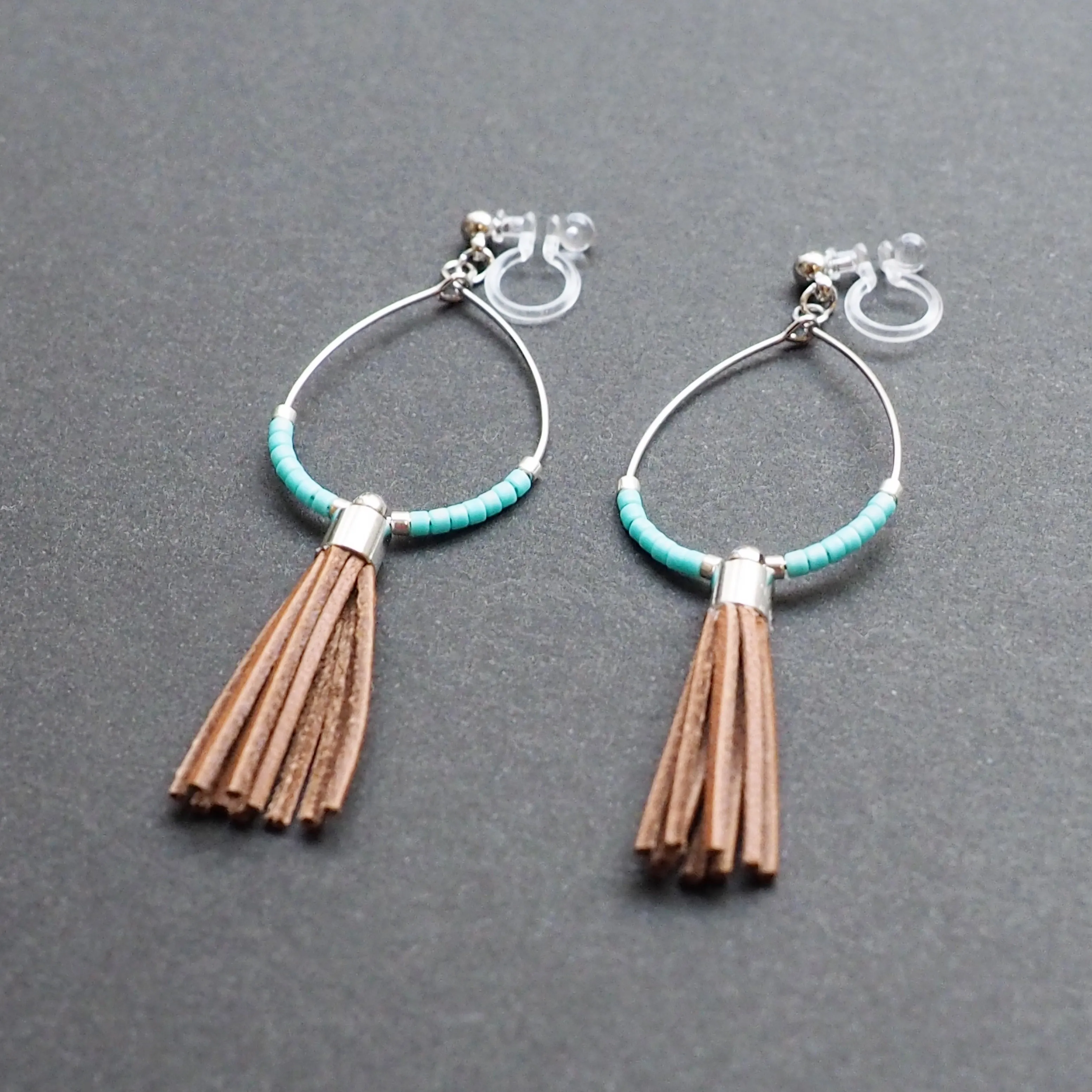 Hoop and brown tassel invisible clip on earrings ( Silver tone )