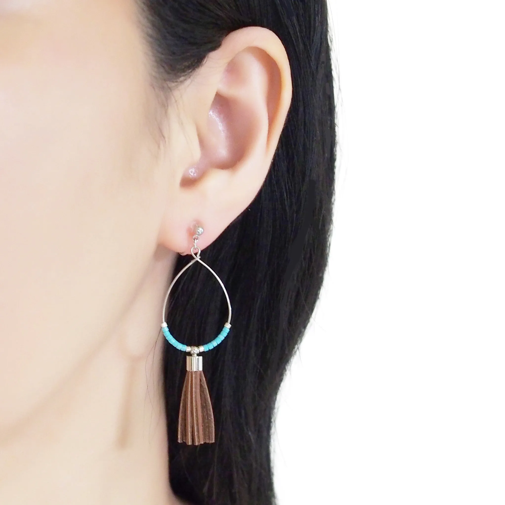 Hoop and brown tassel invisible clip on earrings ( Silver tone )