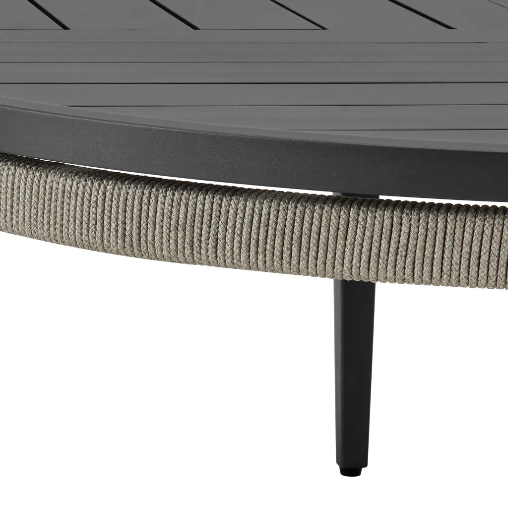 Hosa 42 Inch Outdoor Coffee Table, Black Round Slatted Top, Gray Rope Apron By Casagear Home