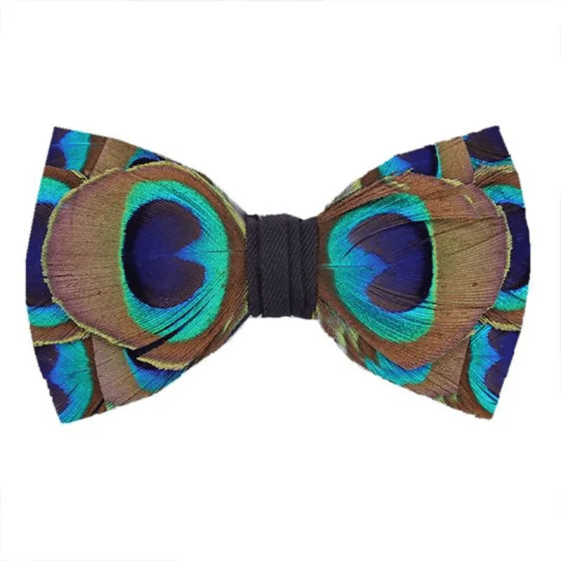 Indigo & Green Peacock Eyes Feather Bow Tie