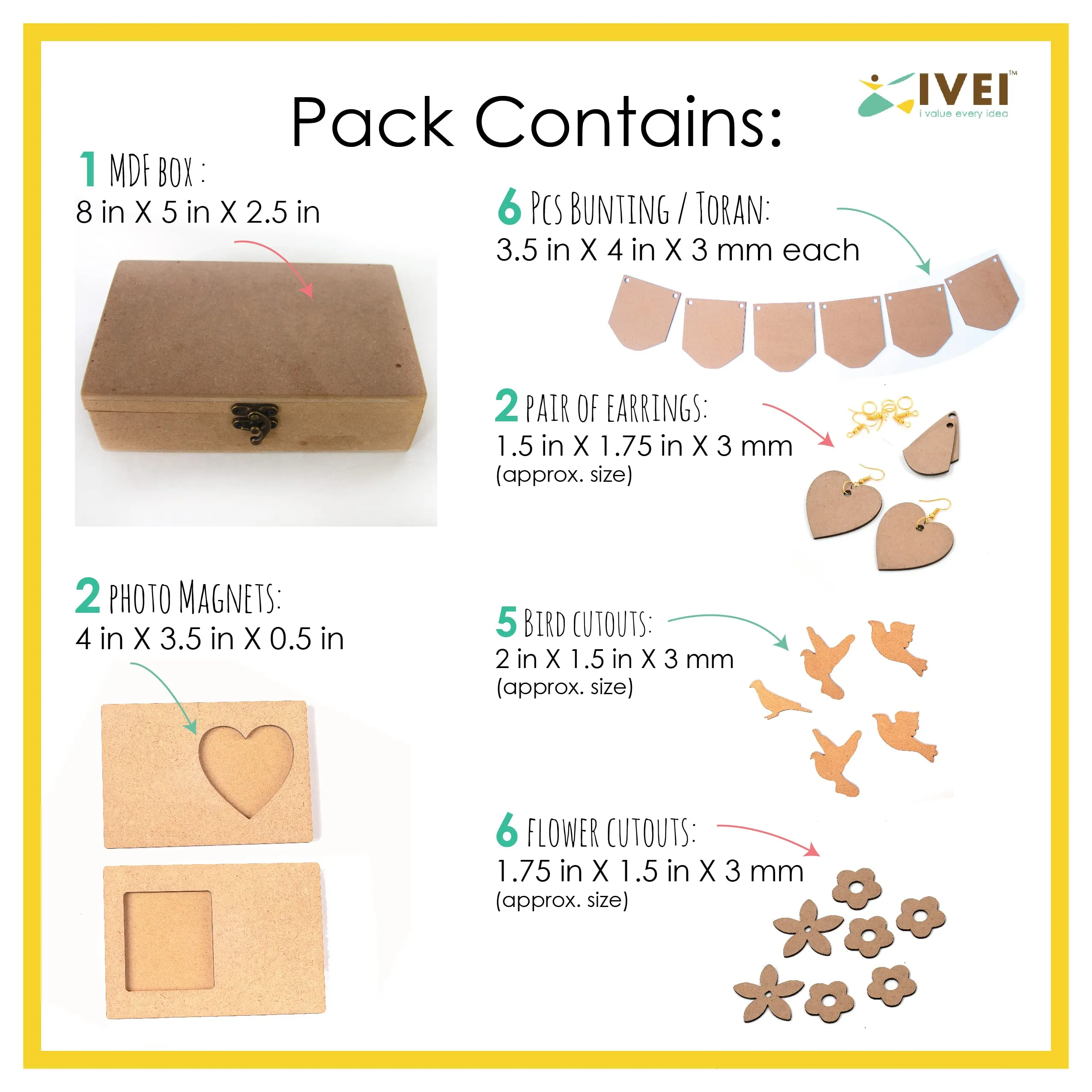 IVEI DIY MDF Box Pack with 2 Pair Earrings, Cut Outs, Toran and 2 Photo Magnet