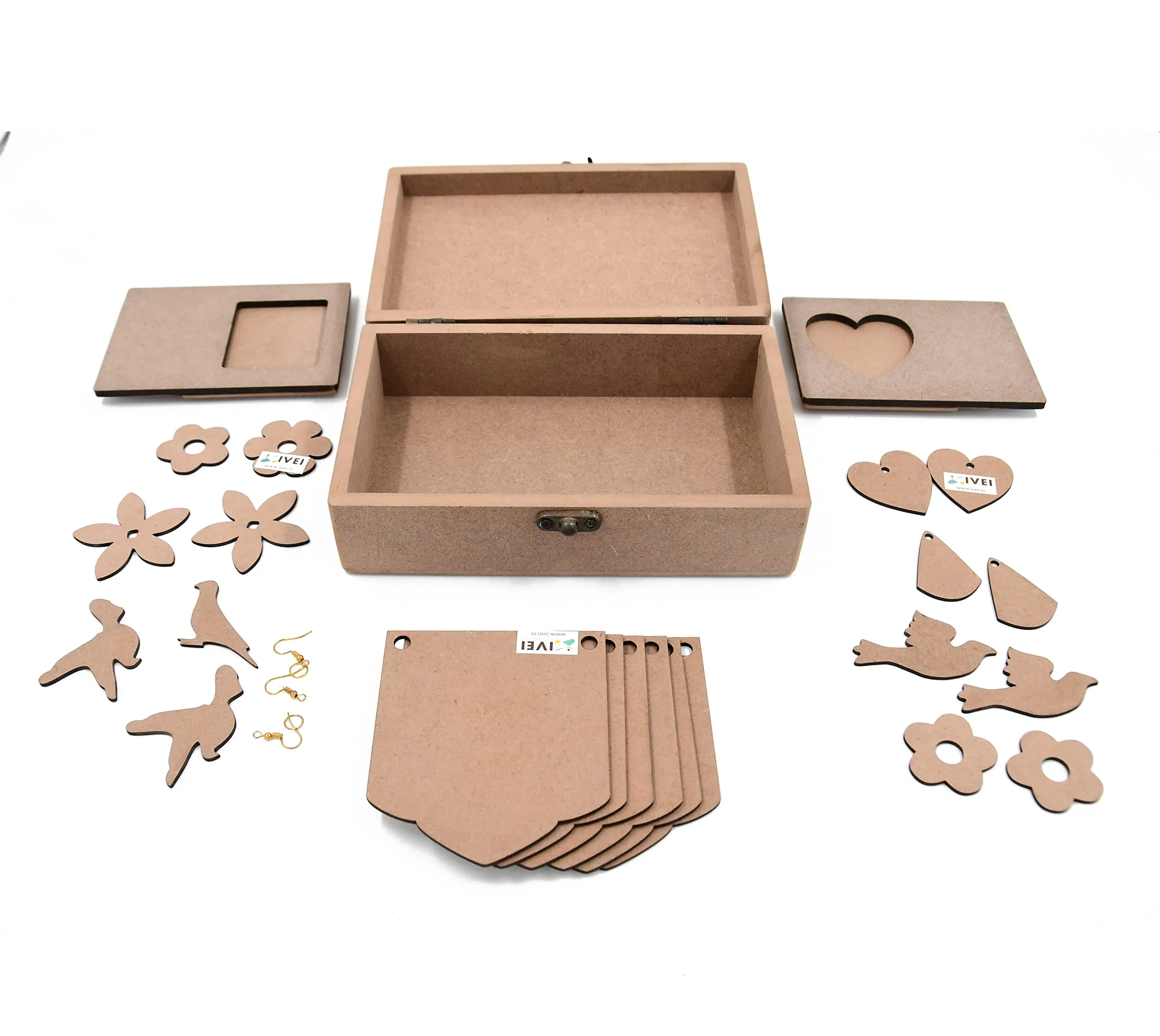 IVEI DIY MDF Box Pack with 2 Pair Earrings, Cut Outs, Toran and 2 Photo Magnet