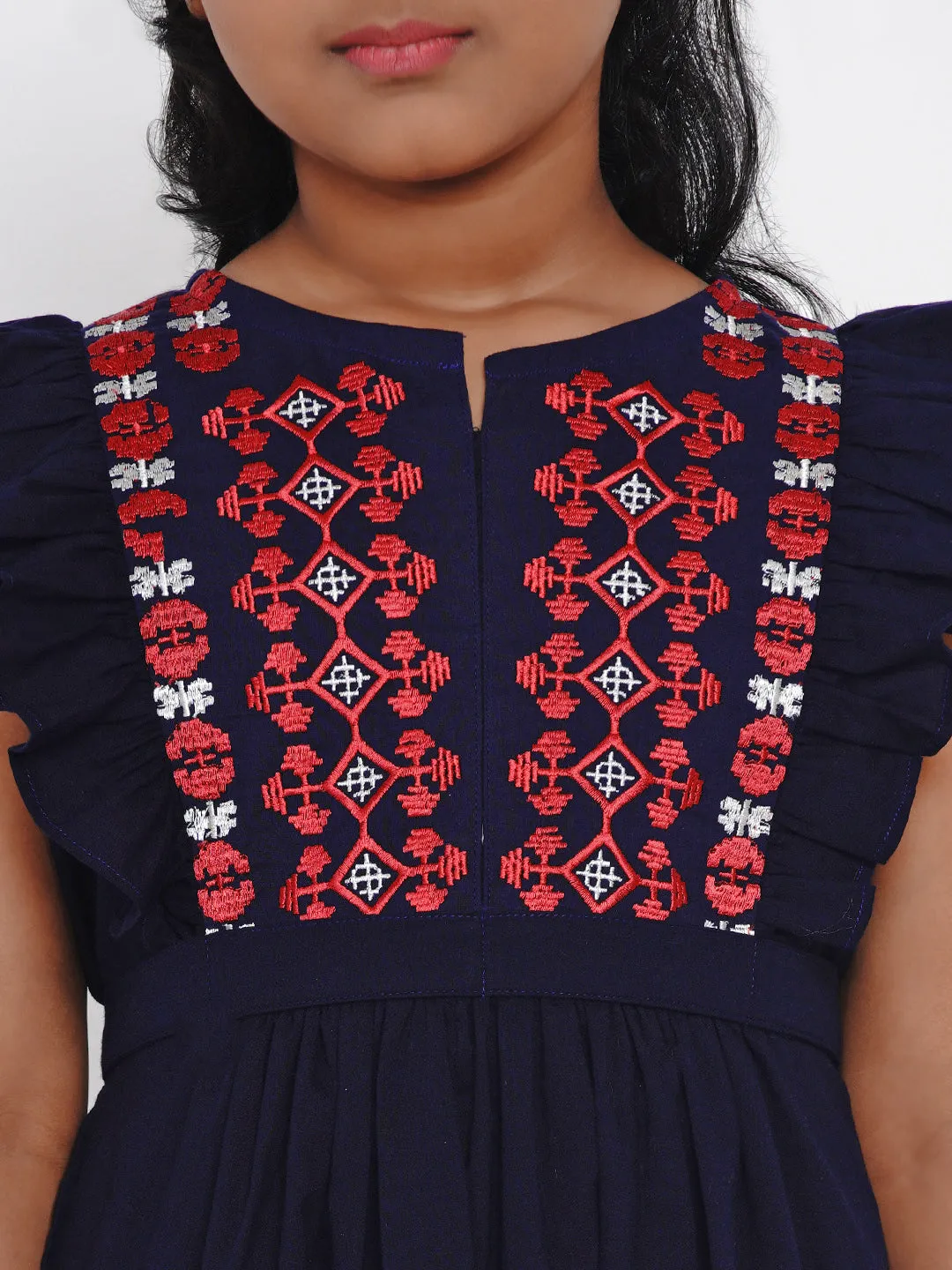 Jashvi Girls Navy Blue Embroidered Fit And Flare Dress