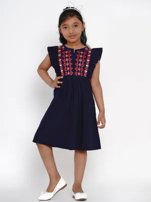 Jashvi Girls Navy Blue Embroidered Fit And Flare Dress