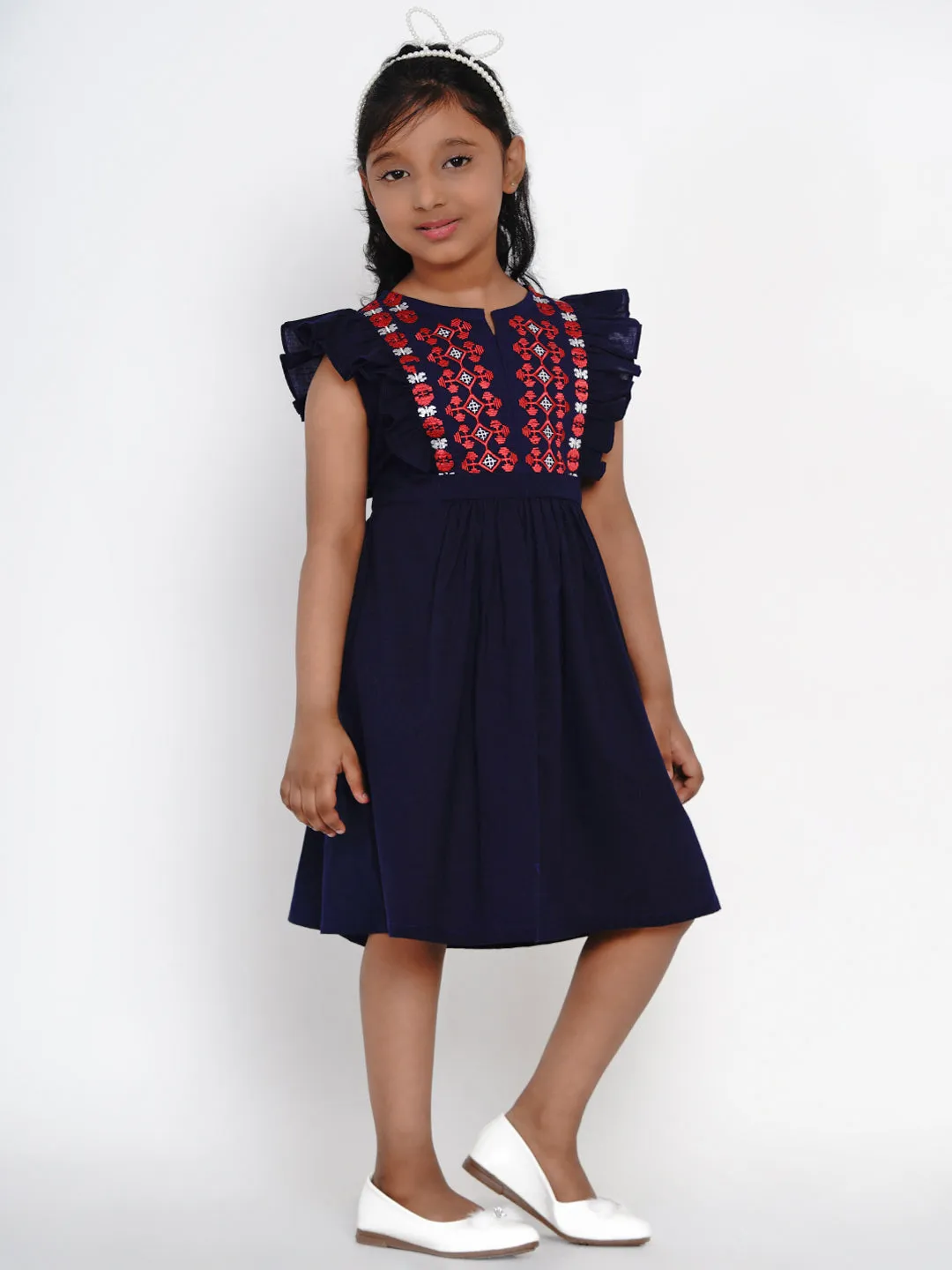 Jashvi Girls Navy Blue Embroidered Fit And Flare Dress