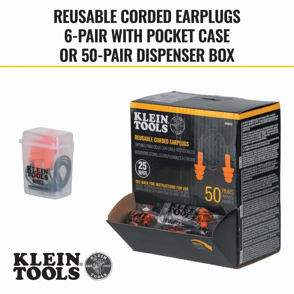 Klein 605036 Corded Earplugs, 6-Pair Pack