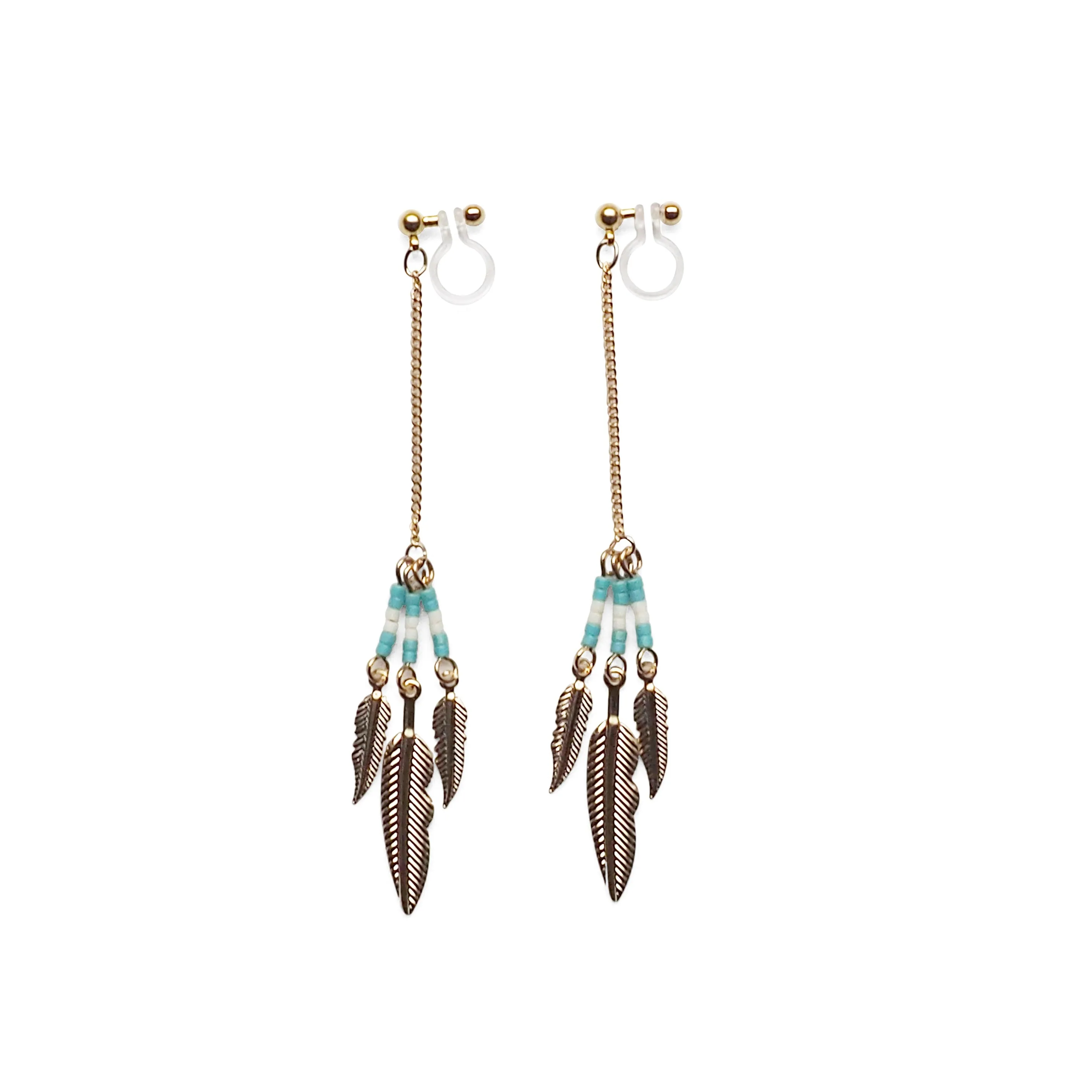 Long feather motif invisible clip on earrings ( Gold tone )