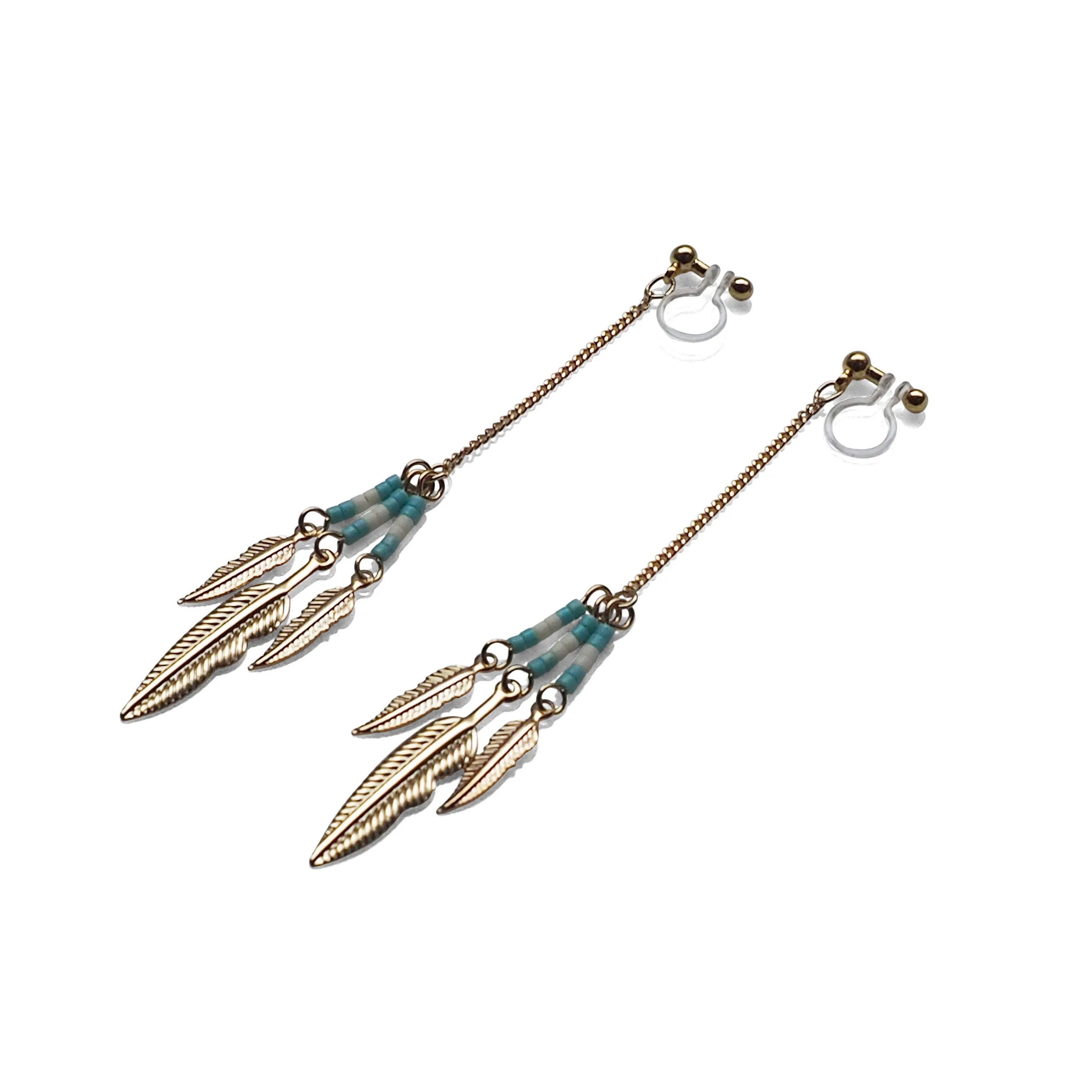 Long feather motif invisible clip on earrings ( Gold tone )