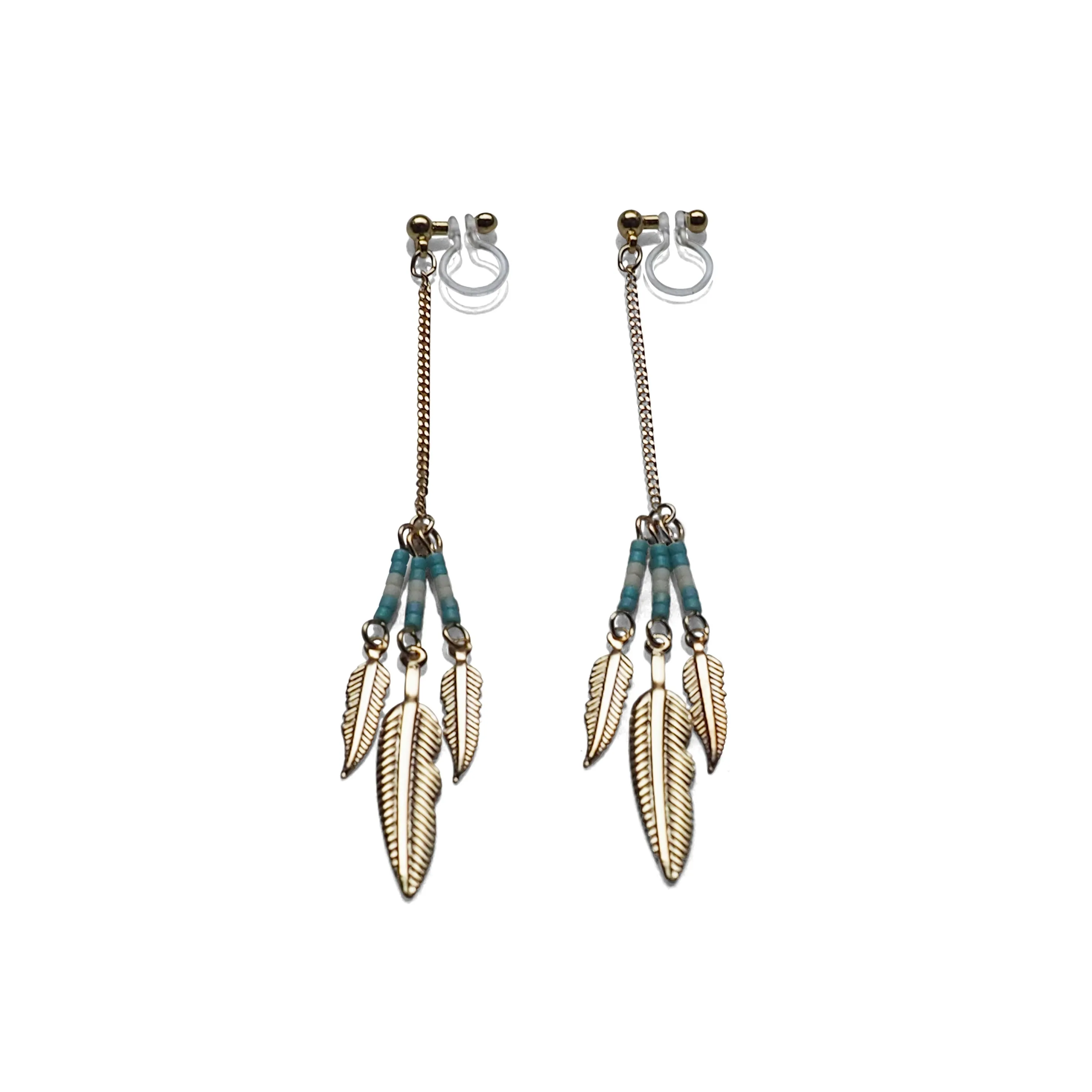 Long feather motif invisible clip on earrings ( Gold tone )