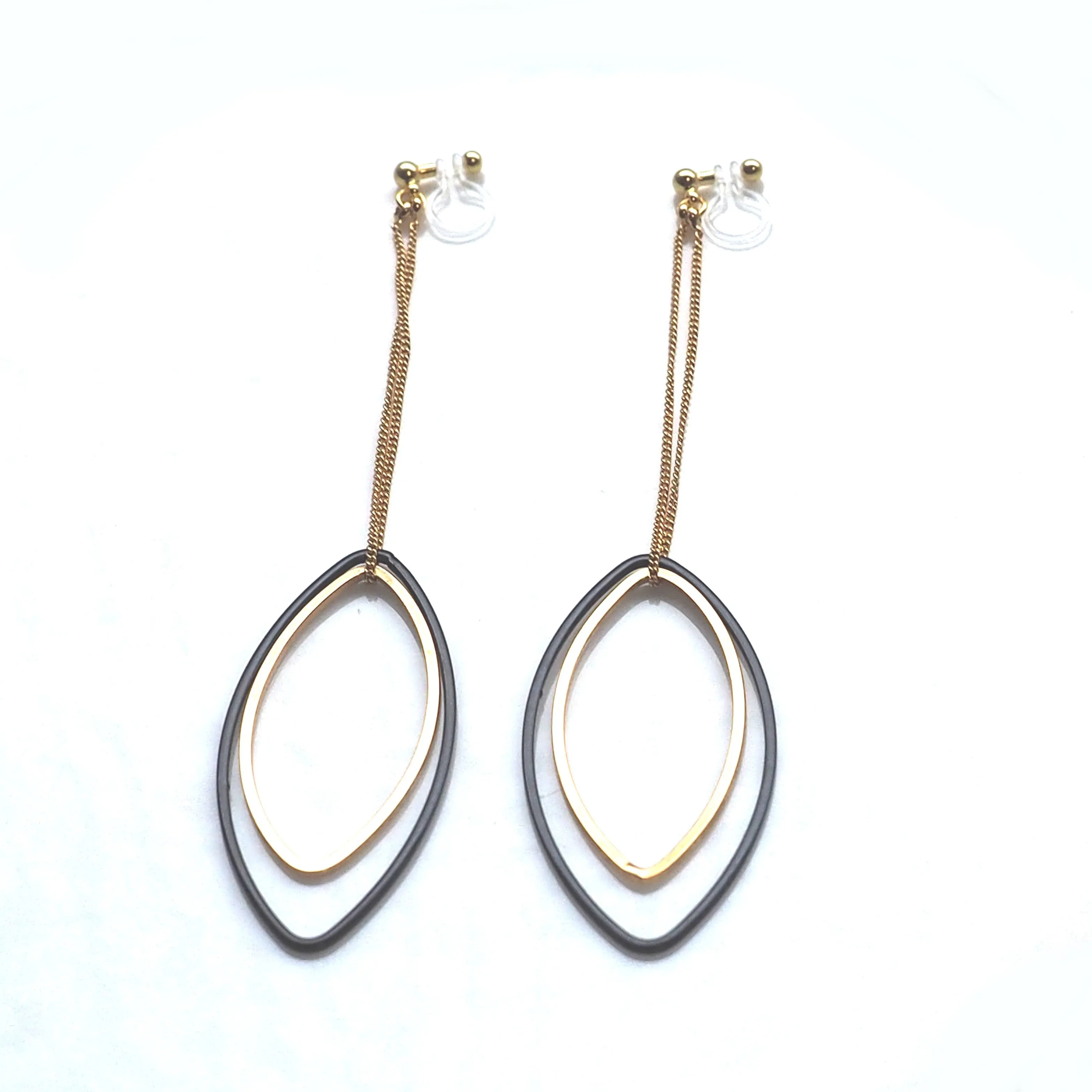 Long gold and black oval hoop invisible clip on earrings