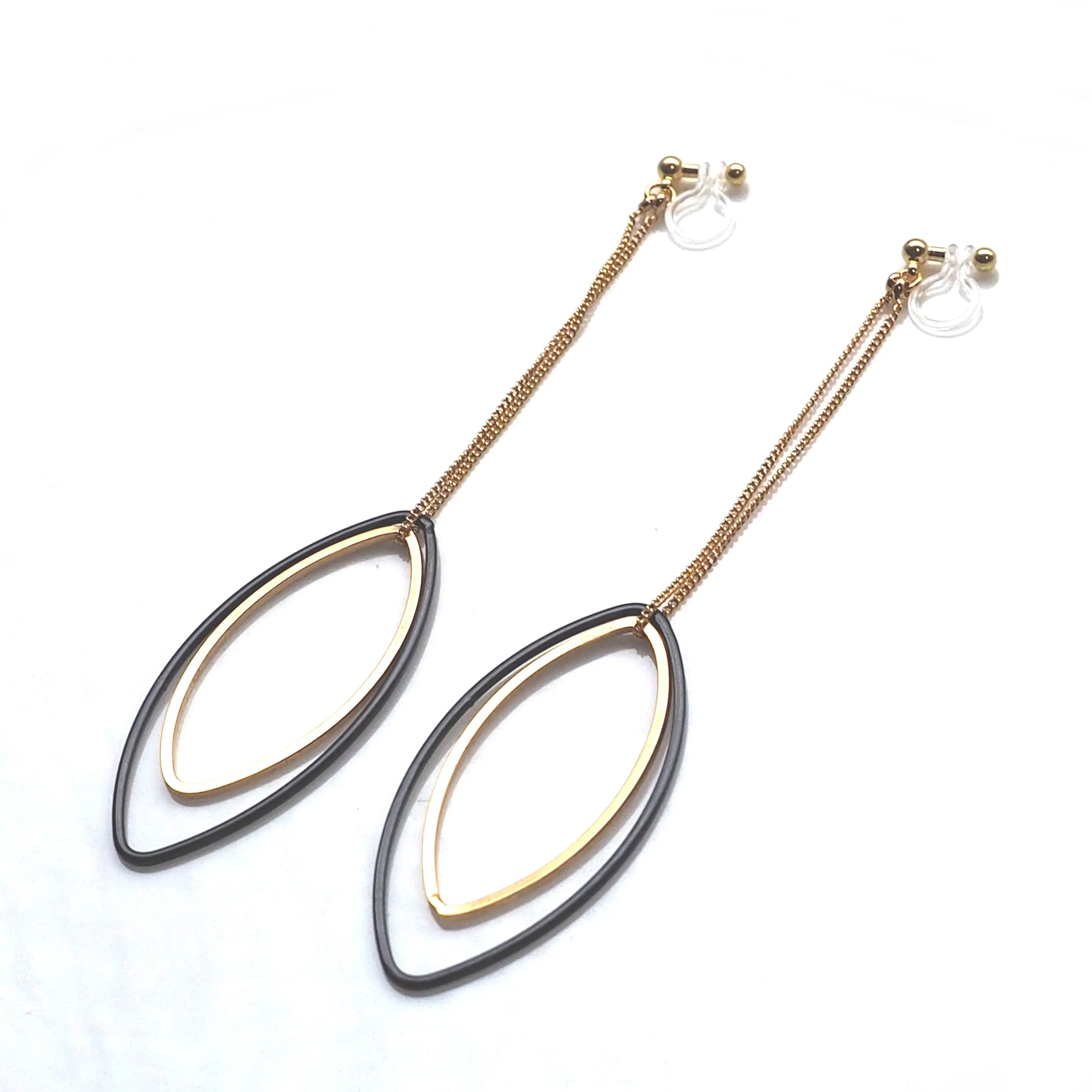 Long gold and black oval hoop invisible clip on earrings