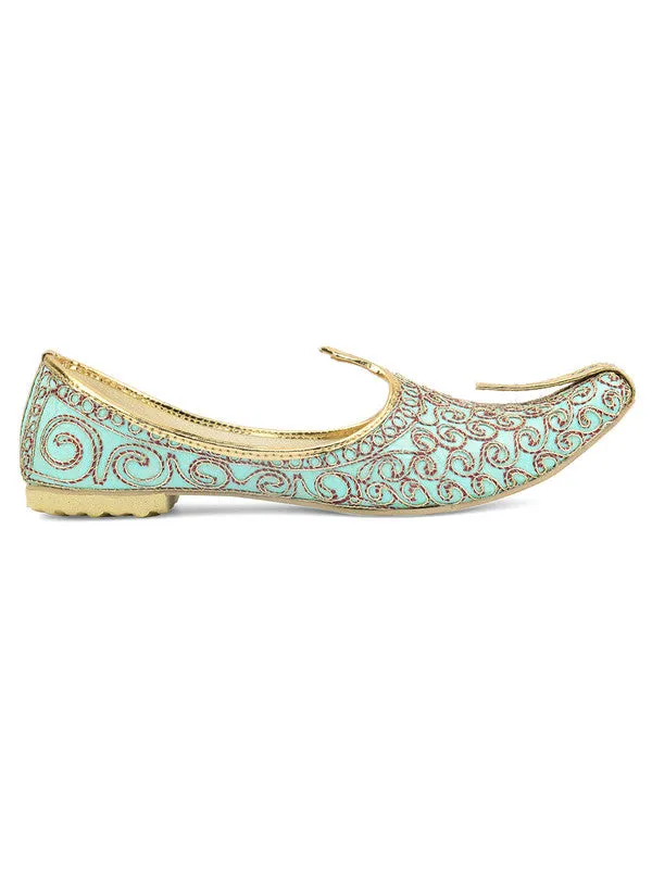 Men's Indian Ethnic Party Wear Sea Green Embroidered Footwear - Desi Colour