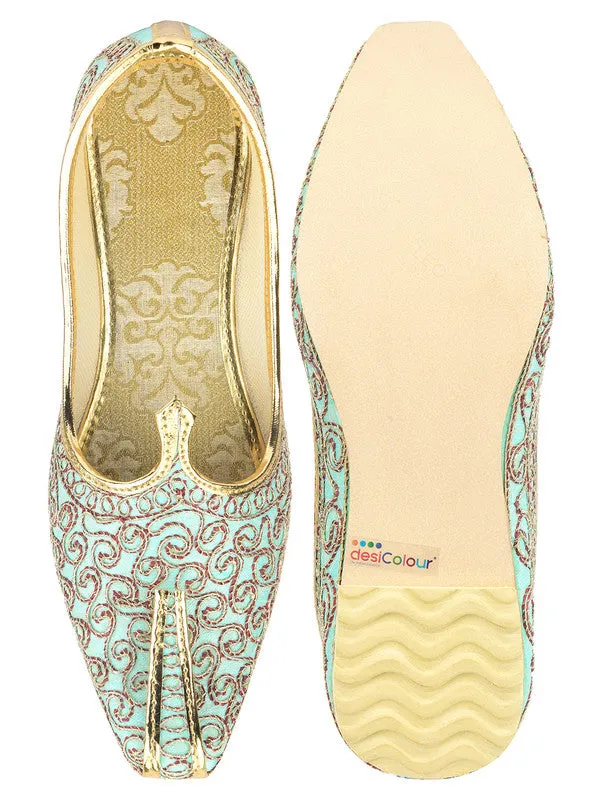 Men's Indian Ethnic Party Wear Sea Green Embroidered Footwear - Desi Colour