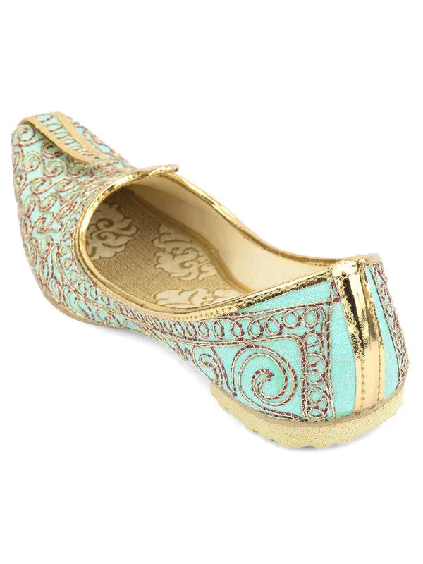 Men's Indian Ethnic Party Wear Sea Green Embroidered Footwear - Desi Colour