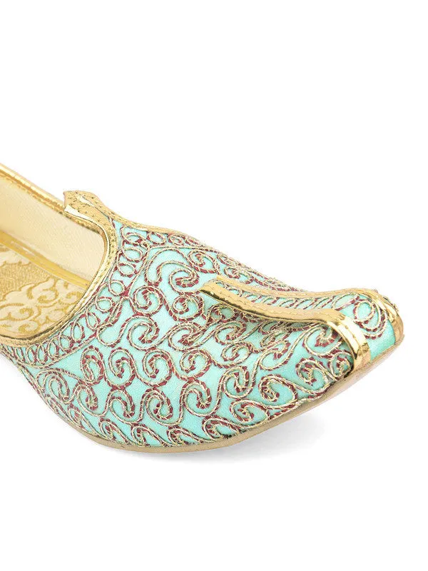 Men's Indian Ethnic Party Wear Sea Green Embroidered Footwear - Desi Colour