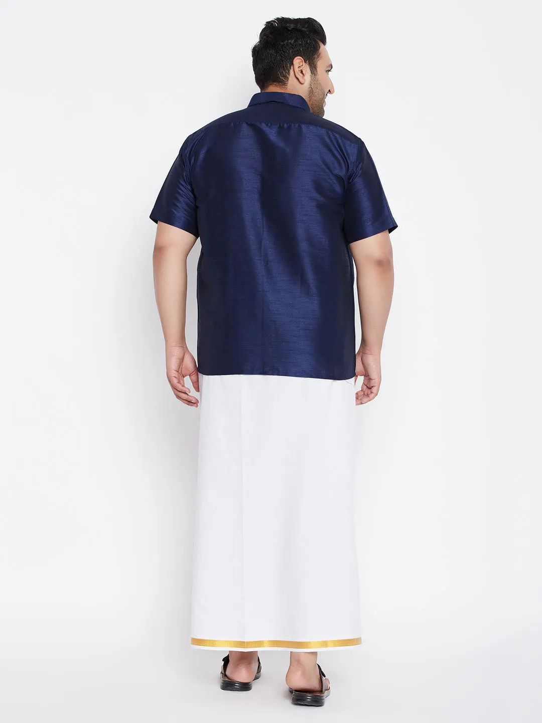 Men's Plus Navy Blue And White Silk Blend Shirt And Mundu Set - Vastramay