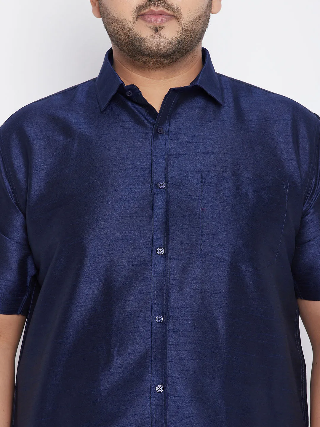 Men's Plus Navy Blue And White Silk Blend Shirt And Mundu Set - Vastramay