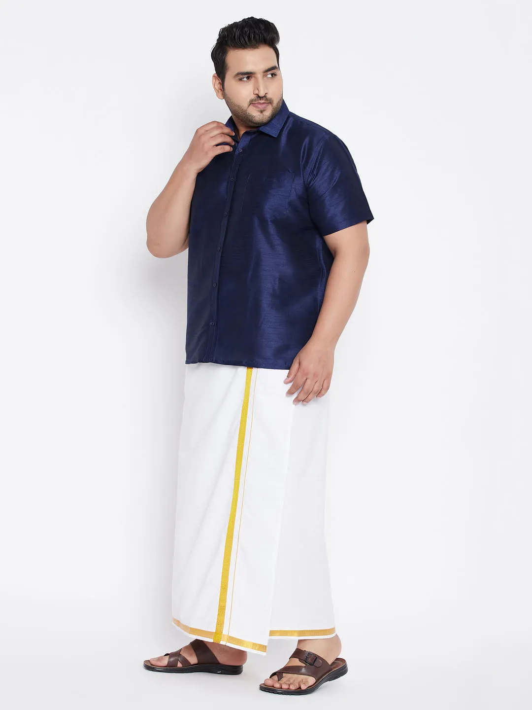 Men's Plus Navy Blue And White Silk Blend Shirt And Mundu Set - Vastramay