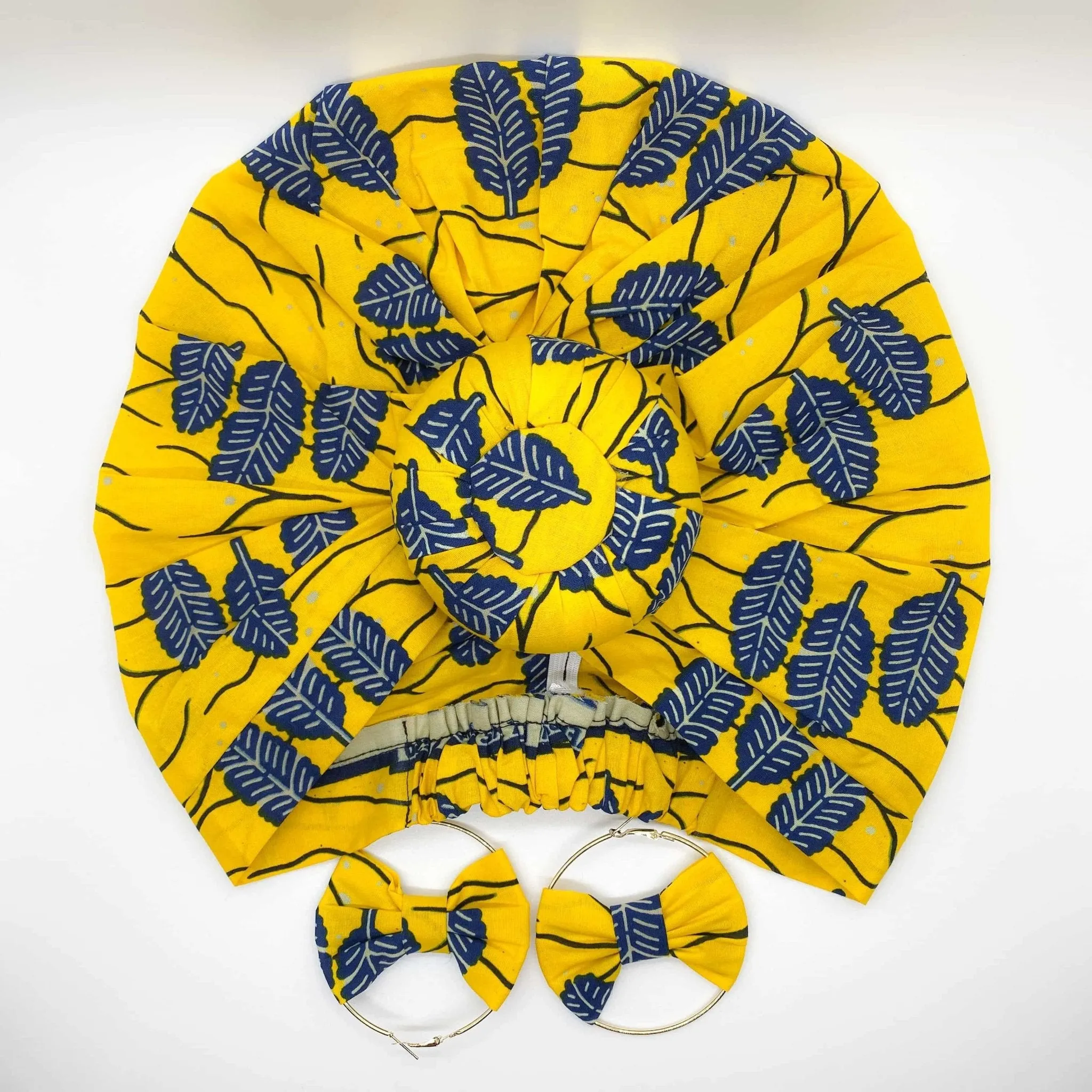 MINA African Print Bonnet Set (ball Knot) (Yellow and Navy Blue)