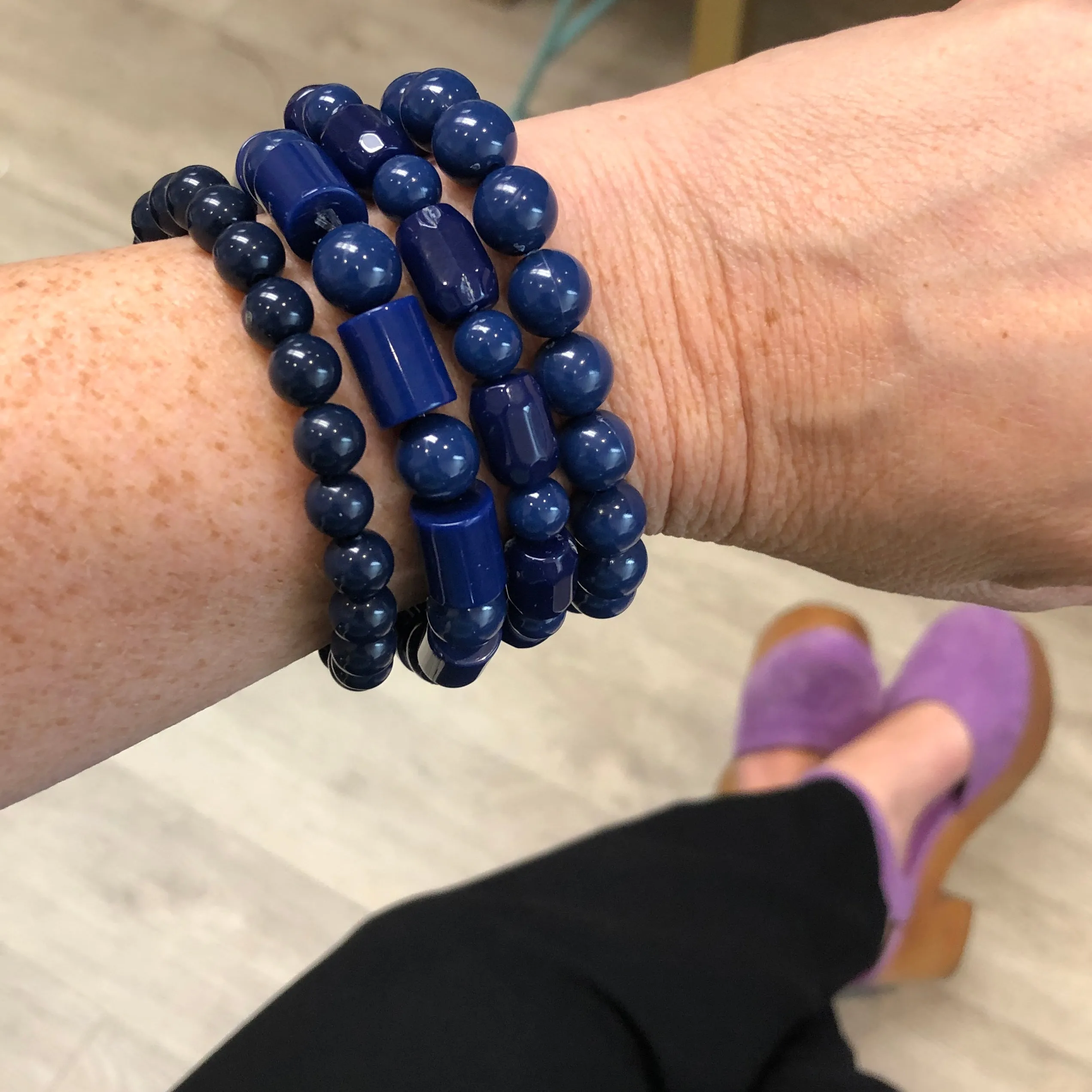 Mixed Toned Navy Blue Facets & Tubes Stack & Stretch Bracelets Set