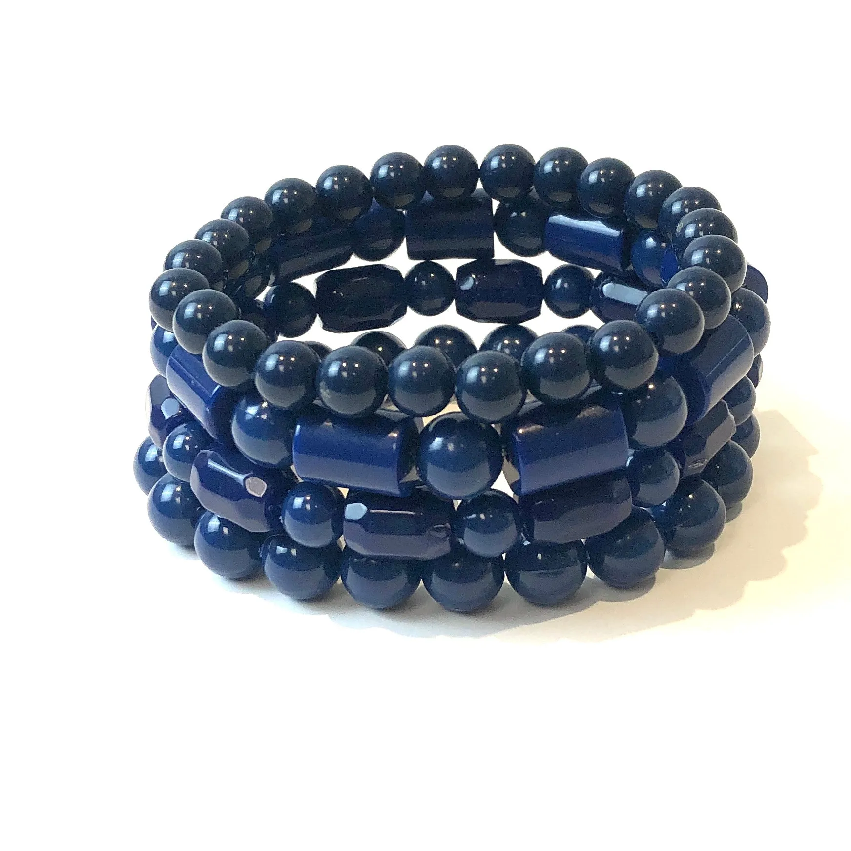 Mixed Toned Navy Blue Facets & Tubes Stack & Stretch Bracelets Set