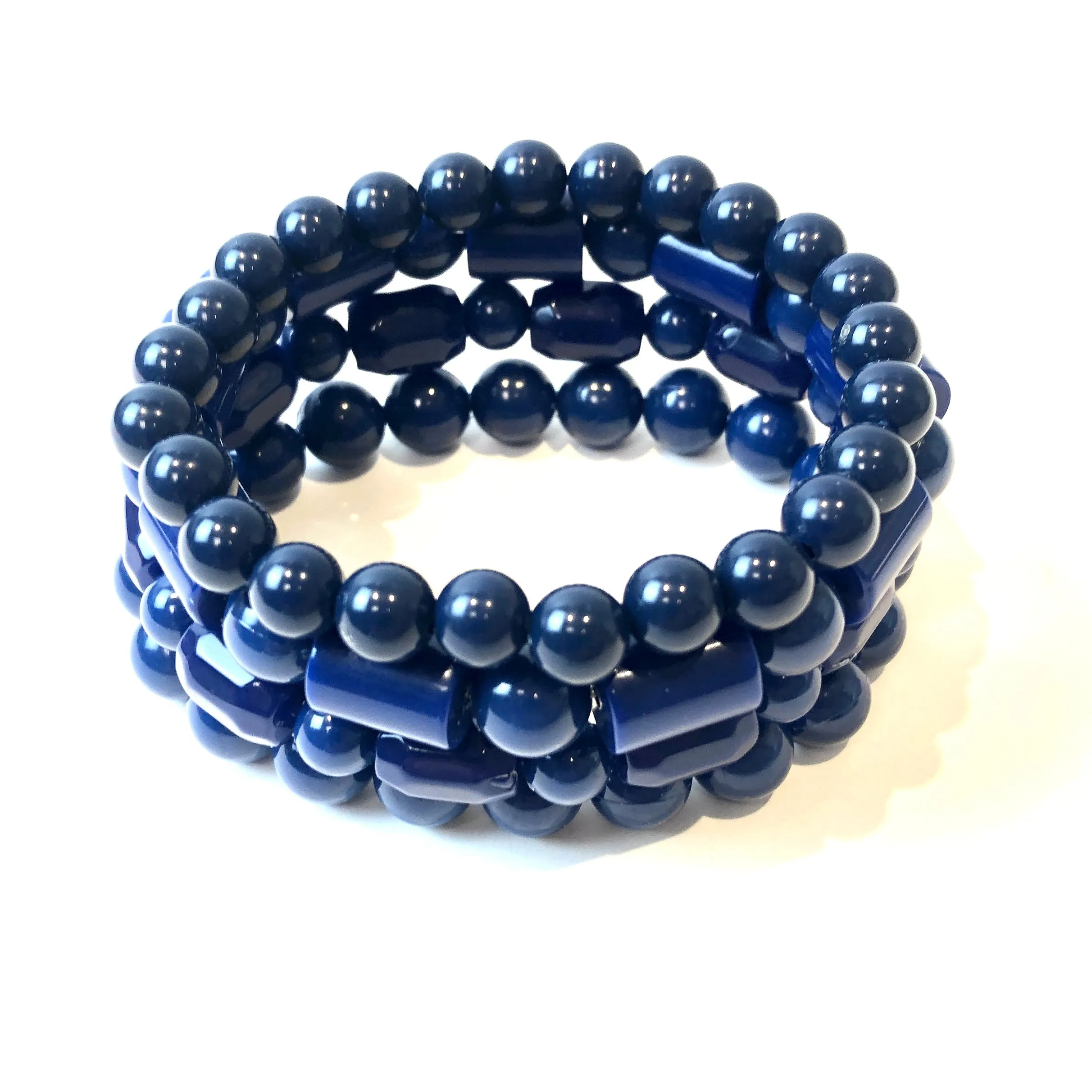 Mixed Toned Navy Blue Facets & Tubes Stack & Stretch Bracelets Set