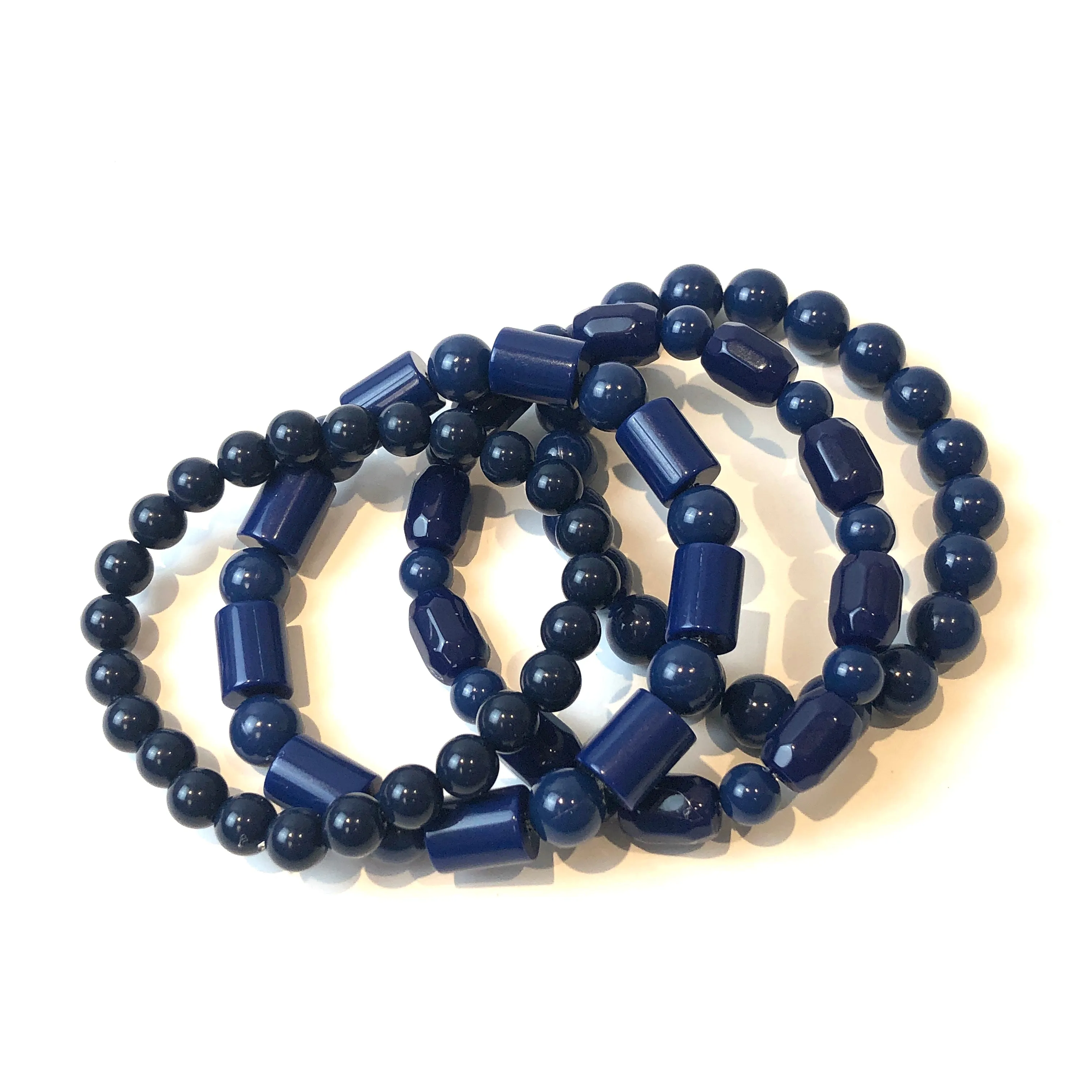 Mixed Toned Navy Blue Facets & Tubes Stack & Stretch Bracelets Set