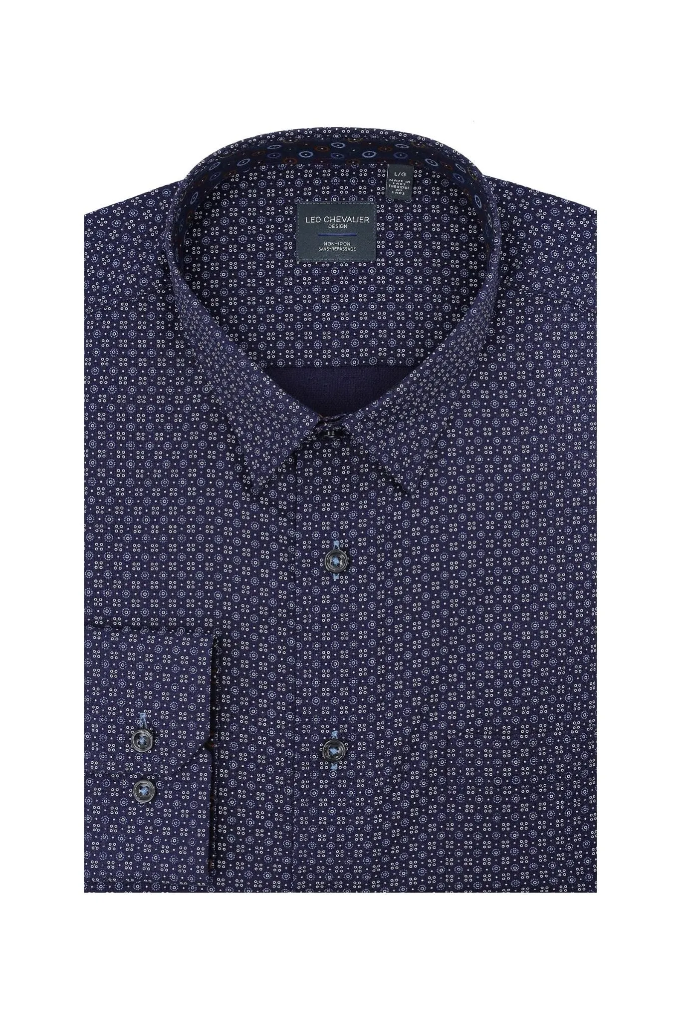 Modern Print on Navy Long Sleeve Men's Hidden Button Down