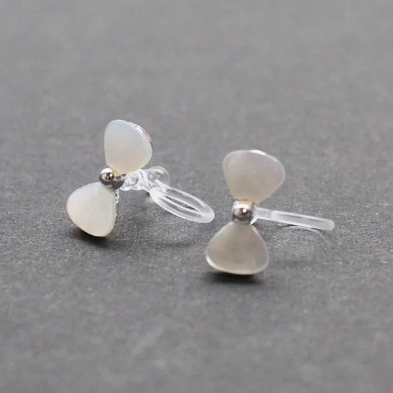 Mother Of Pearl Bow Tie Invisible Clip On Stud Earrings (Silver tone)