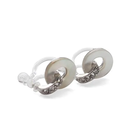 Mother Of Pearl Hoop Invisible Clip On Stud Earrings (Silver tone)