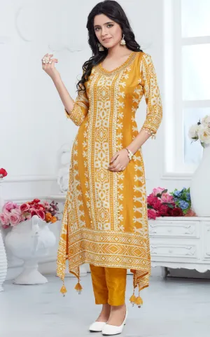 Mustard Ethnic Printed Muslin Silk Kurta