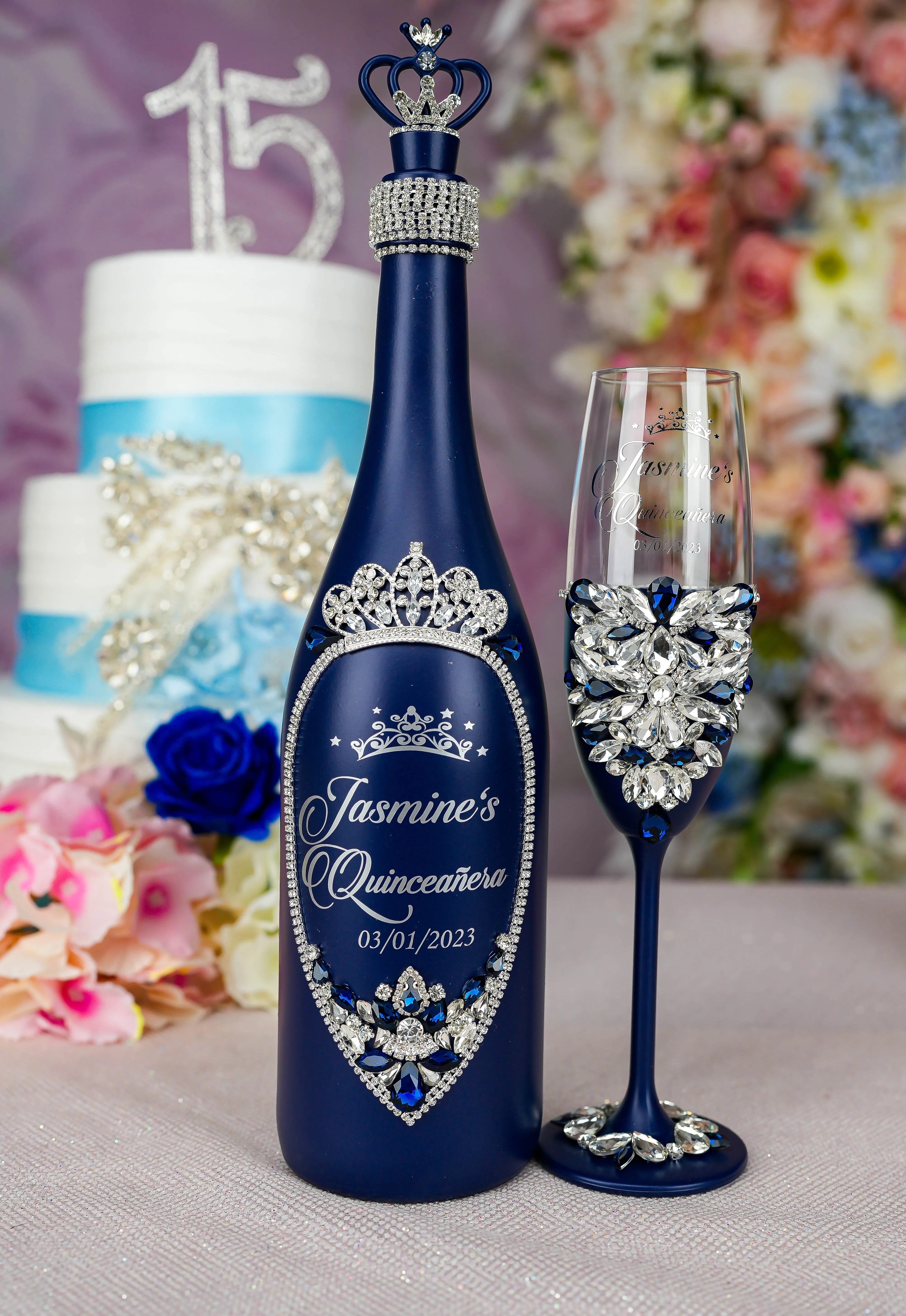 Navy Blue with silver quinceanera bottle with 1 glass